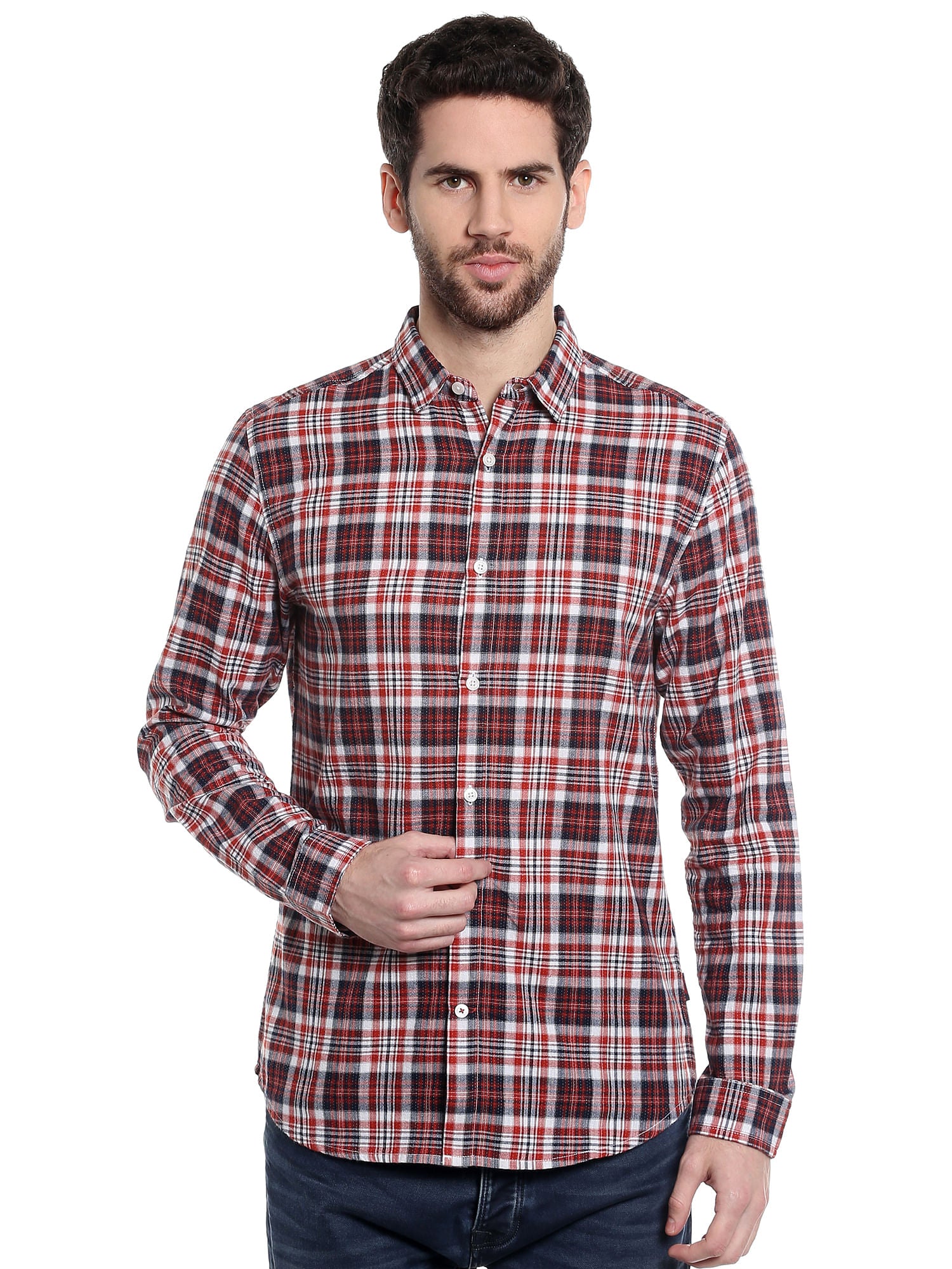 Red Long Sleeves Check Shirt