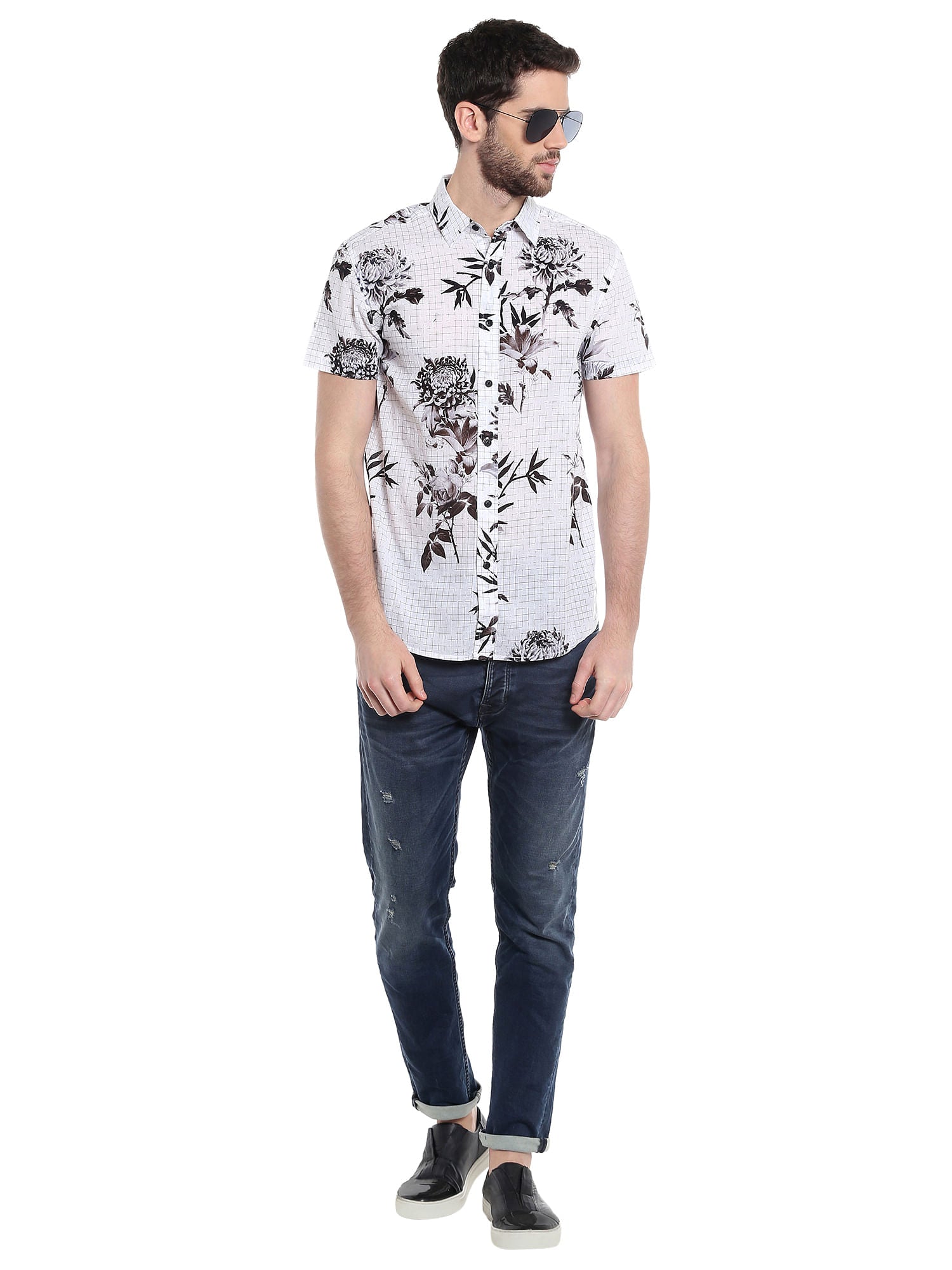 White Floral Print Slim Fit Shirt