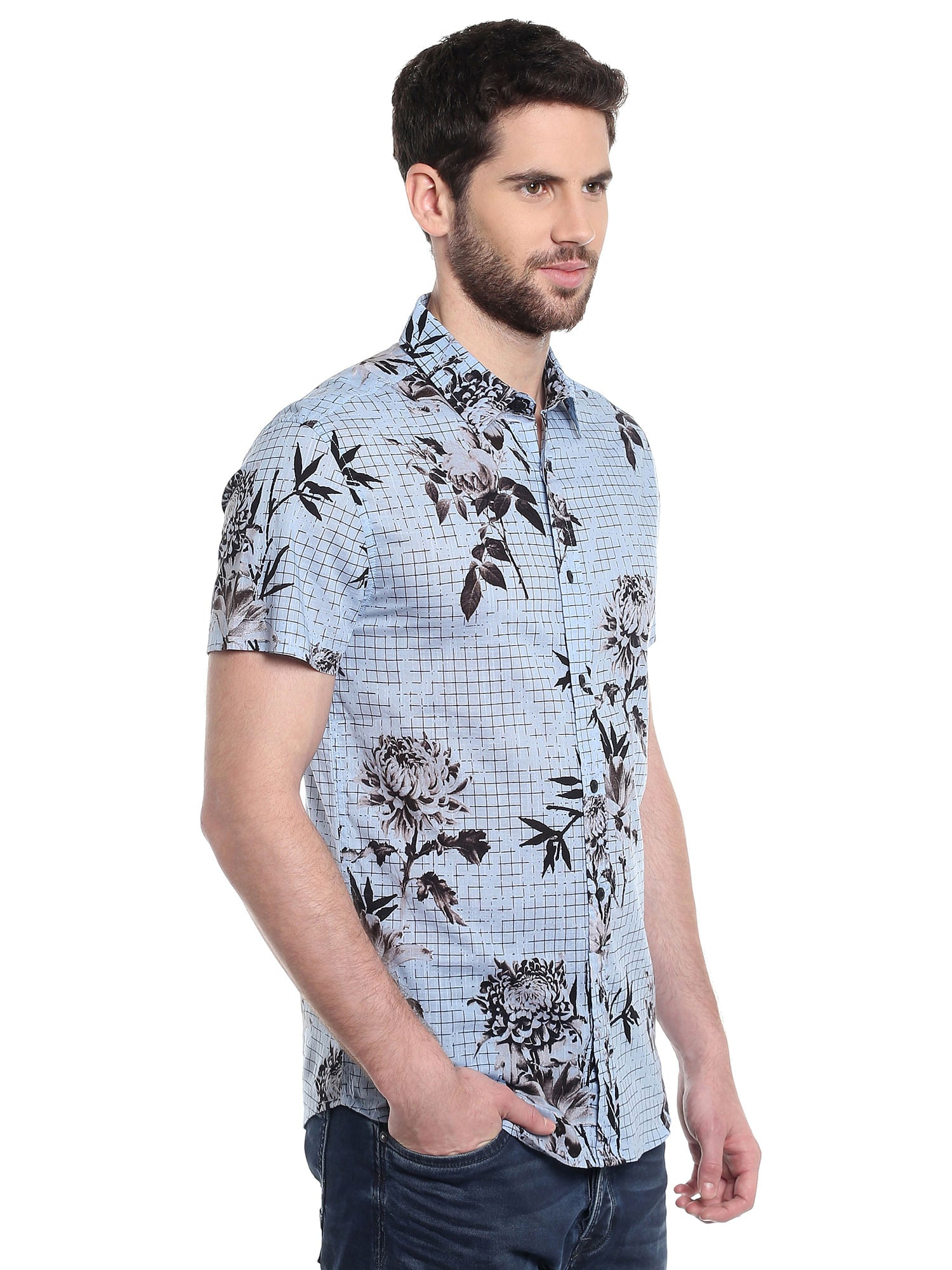 Blue Floral Print Slim Fit Shirt
