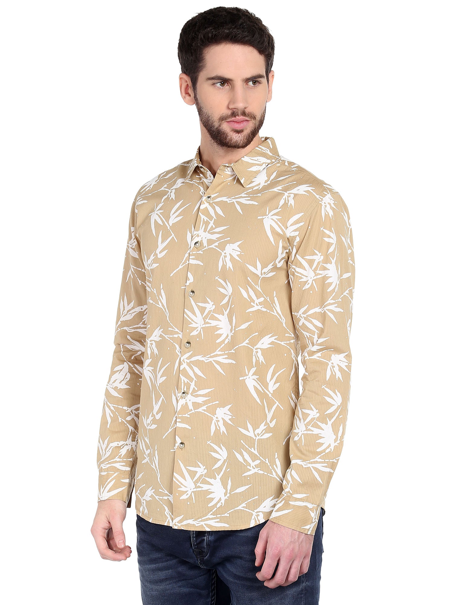 Beige Foliage Print Slim Fit Shirt