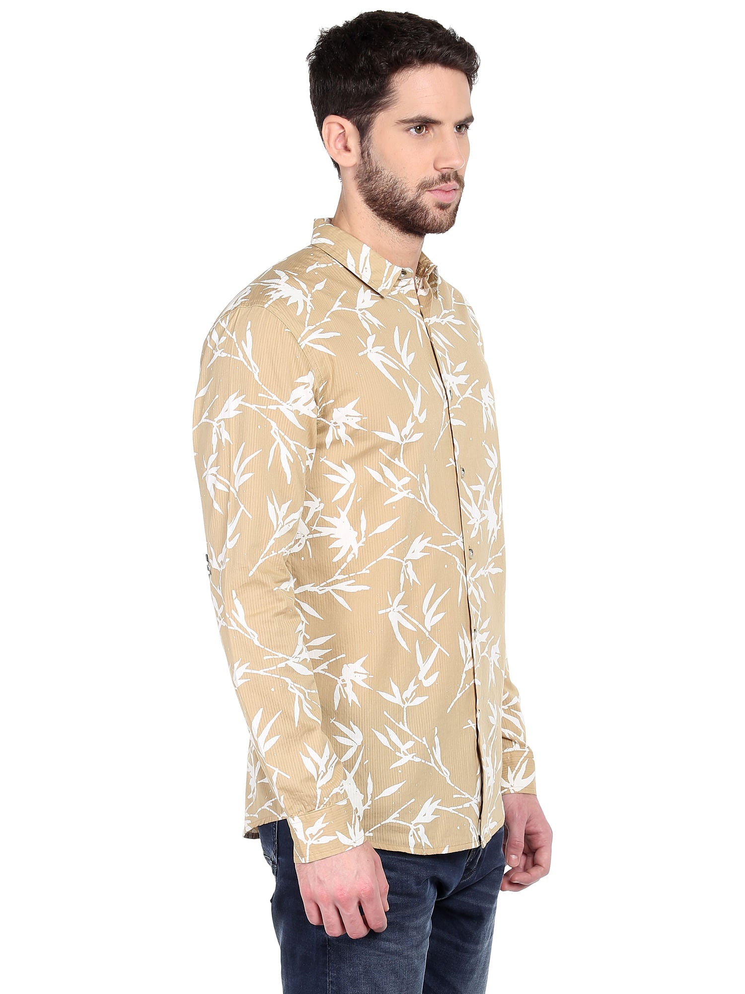 Beige Foliage Print Slim Fit Shirt