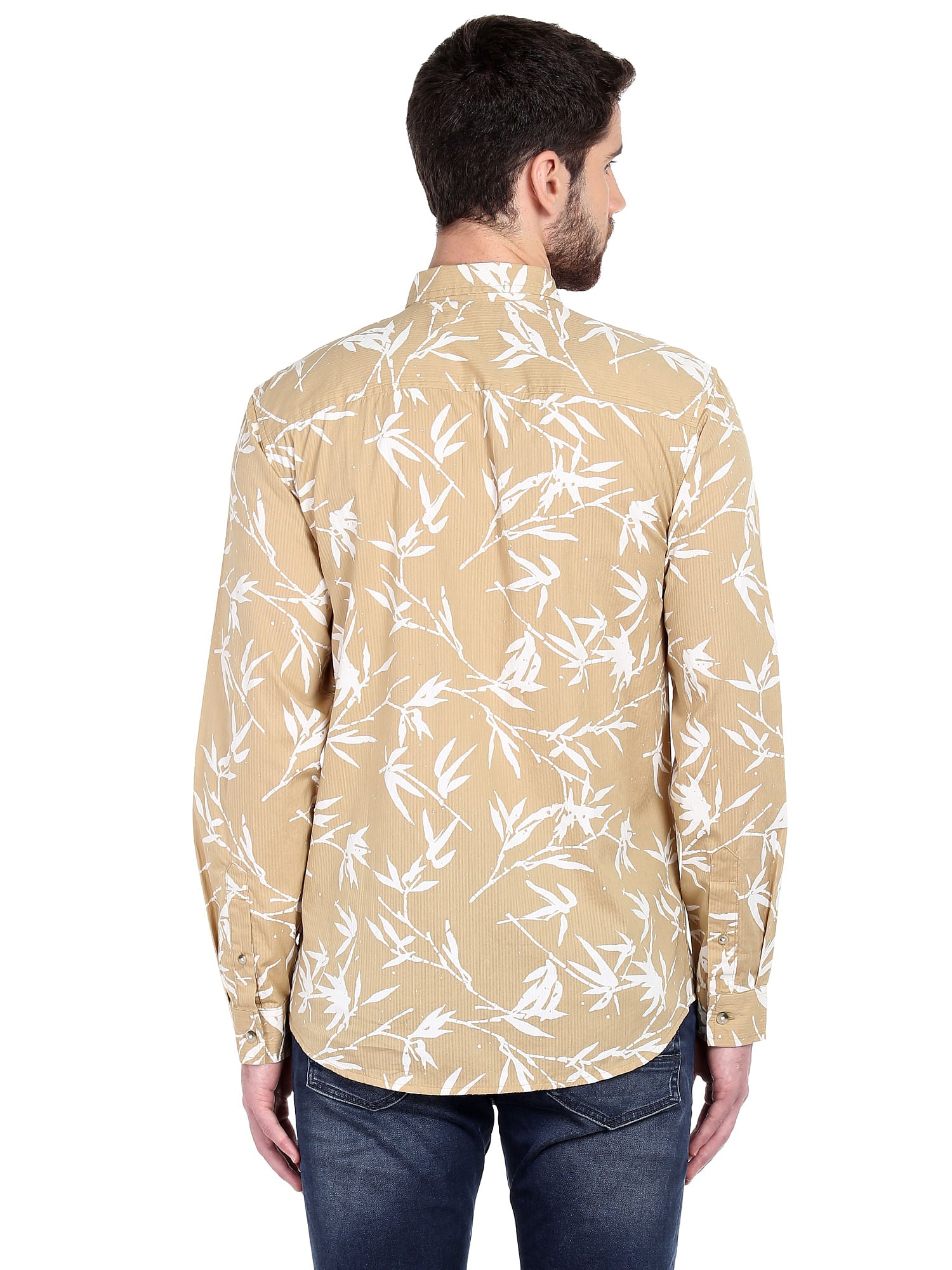 Beige Foliage Print Slim Fit Shirt