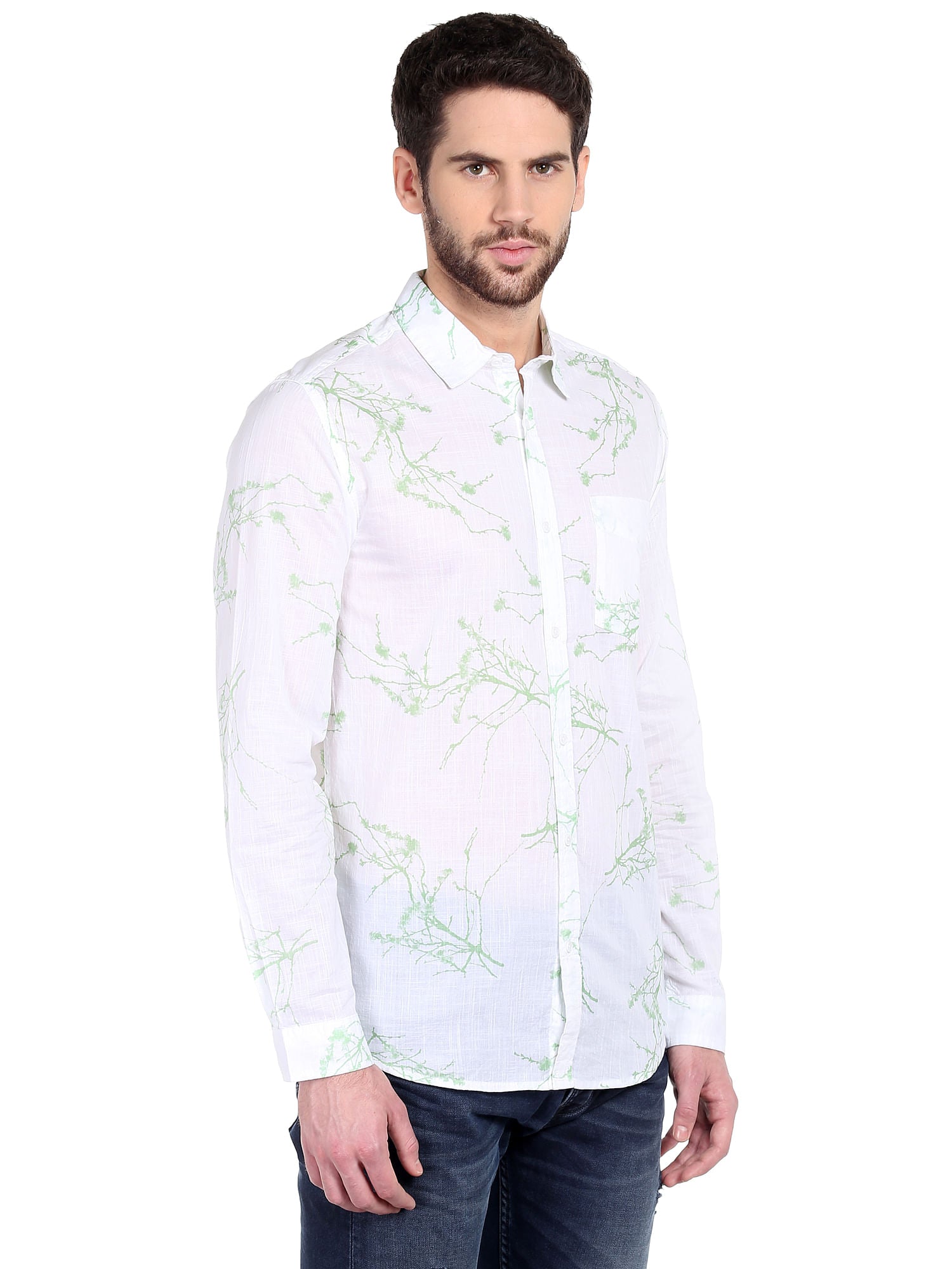 White Foliage Print Slim Fit Shirt