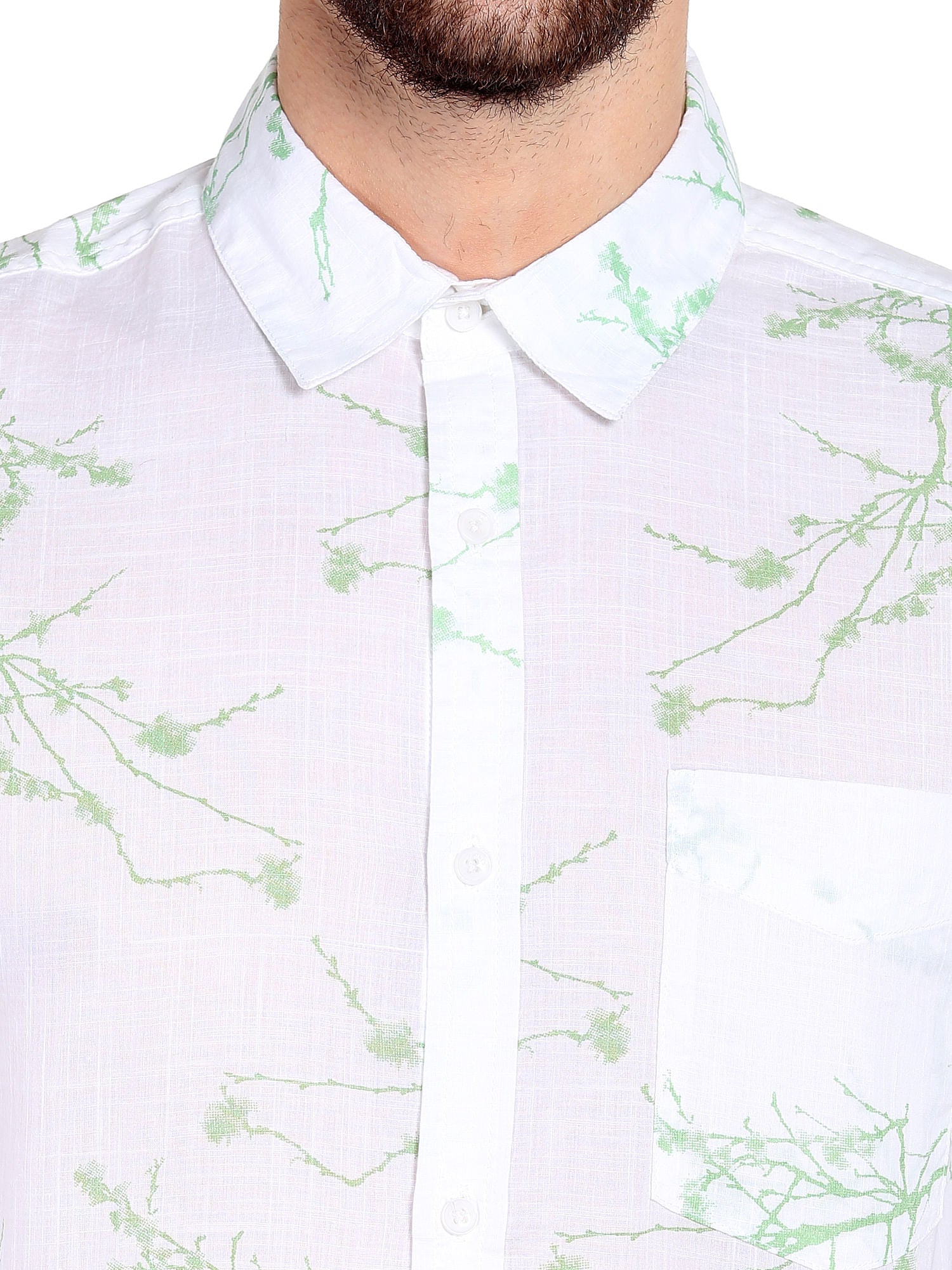 White Foliage Print Slim Fit Shirt