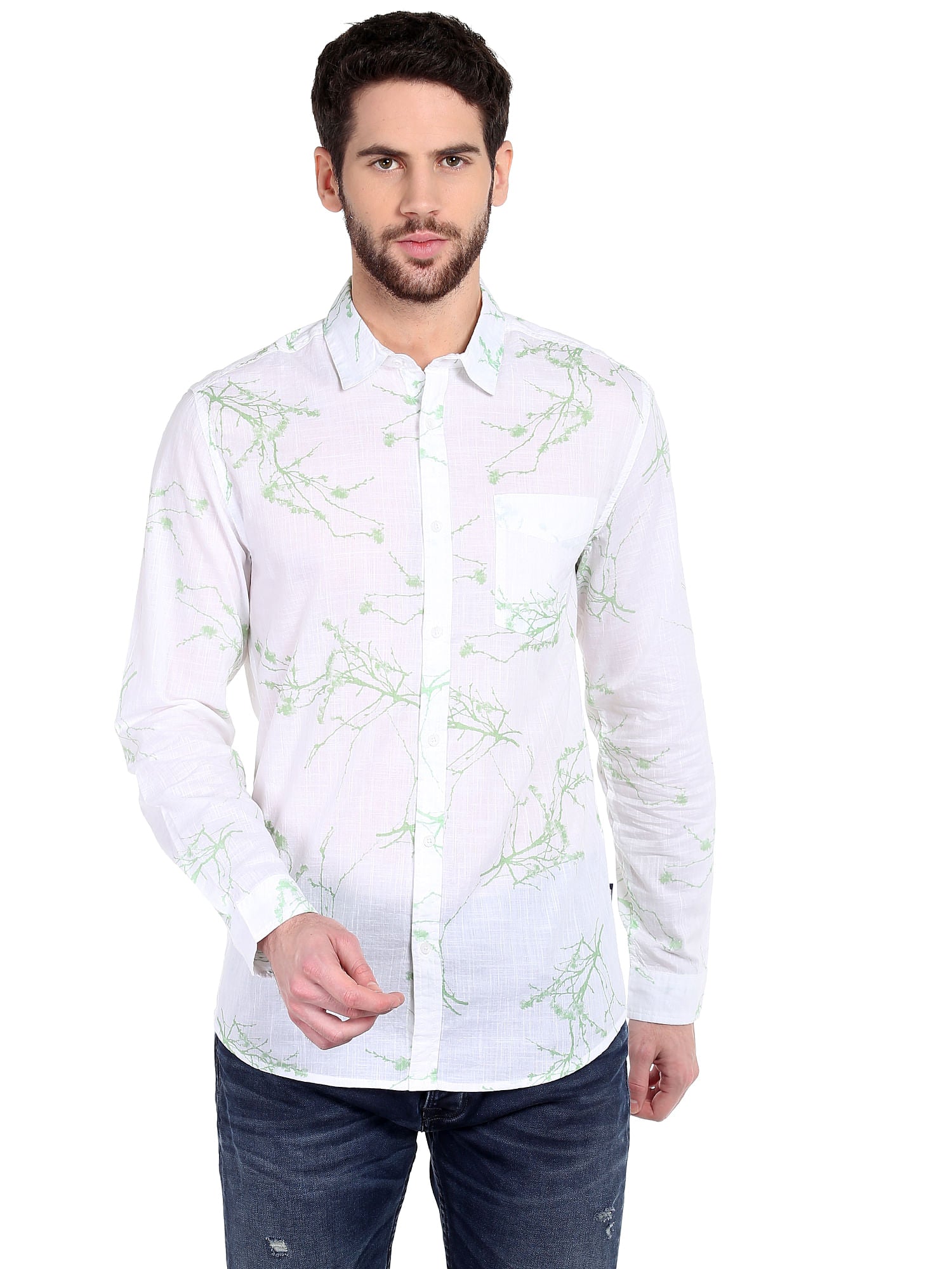 White Foliage Print Slim Fit Shirt