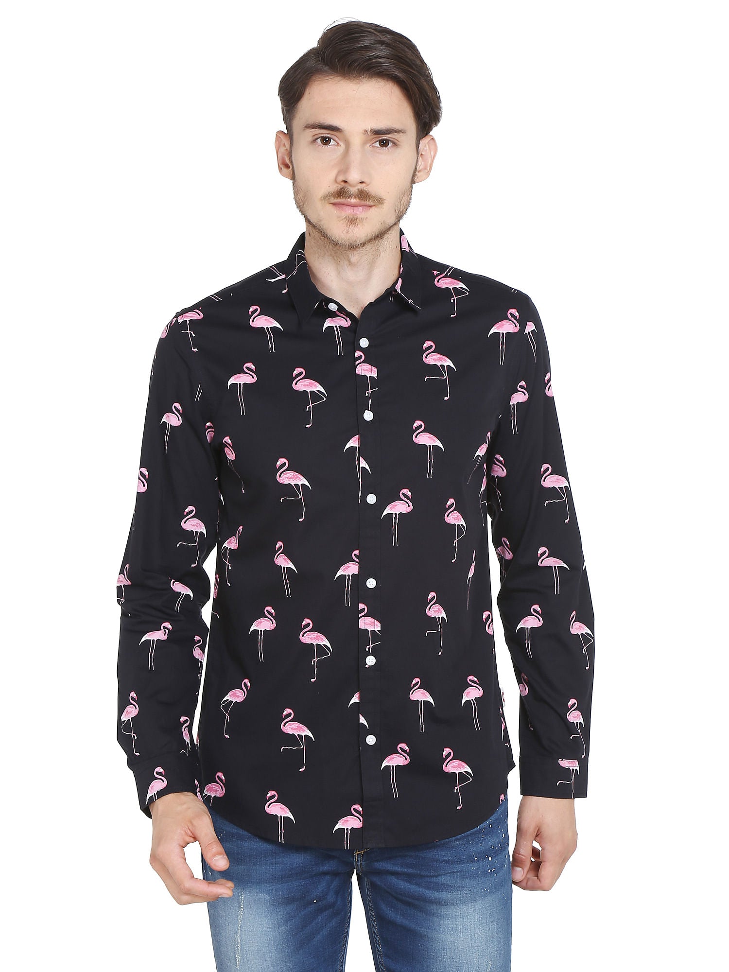 Black Flamingo Print Slim Fit Shirt