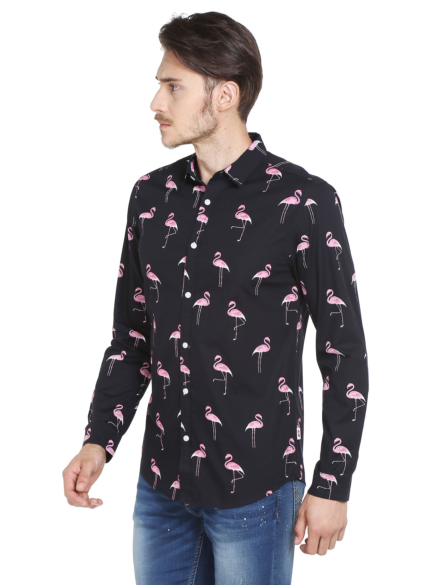 Black Flamingo Print Slim Fit Shirt