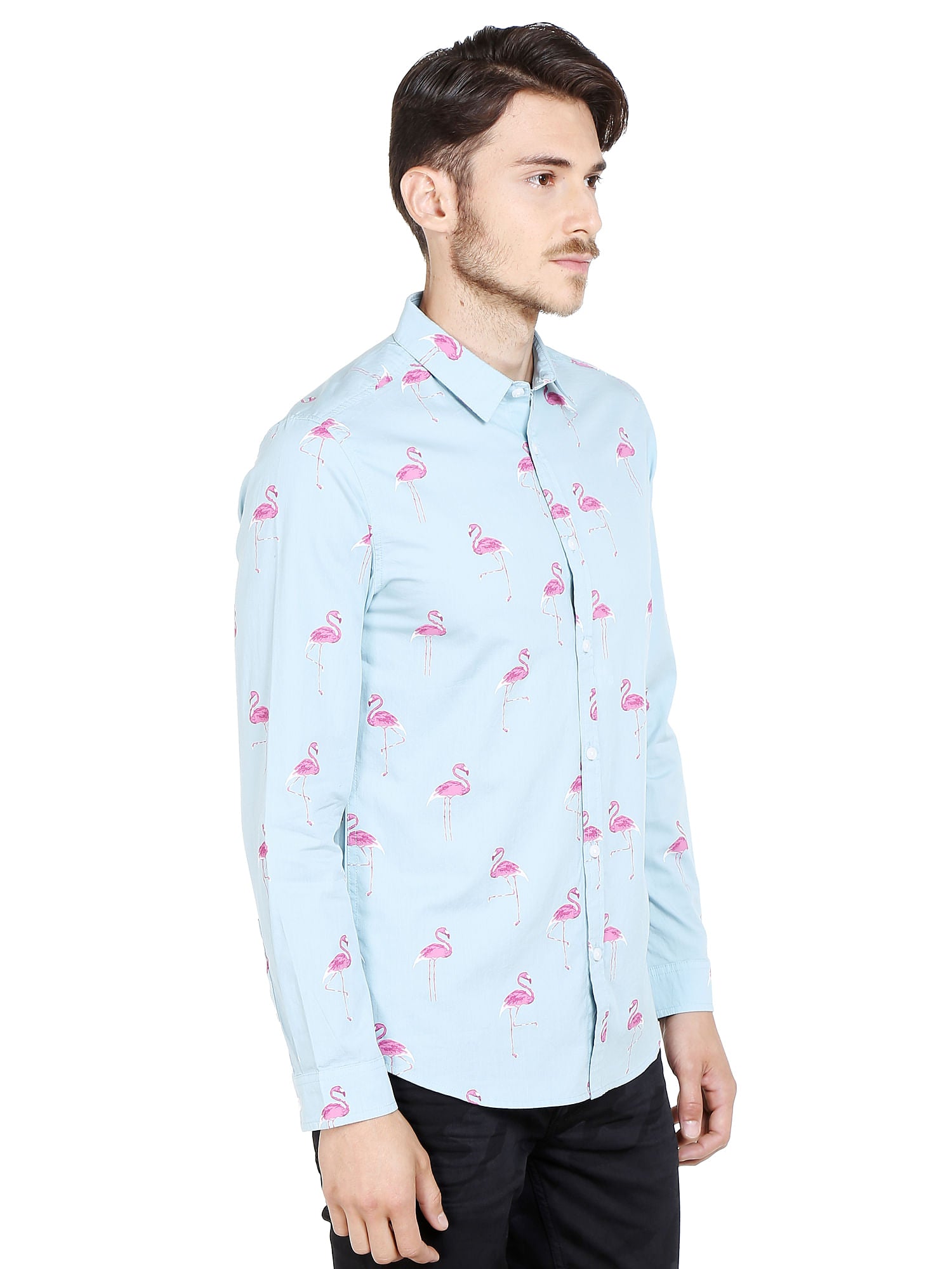 Light Blue Flamingo Print Slim Fit Shirt