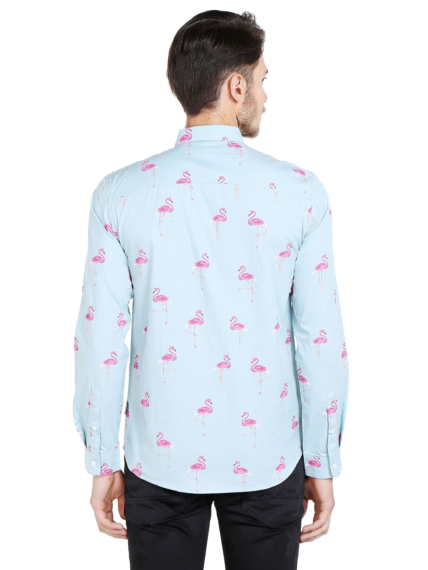 Light Blue Flamingo Print Slim Fit Shirt