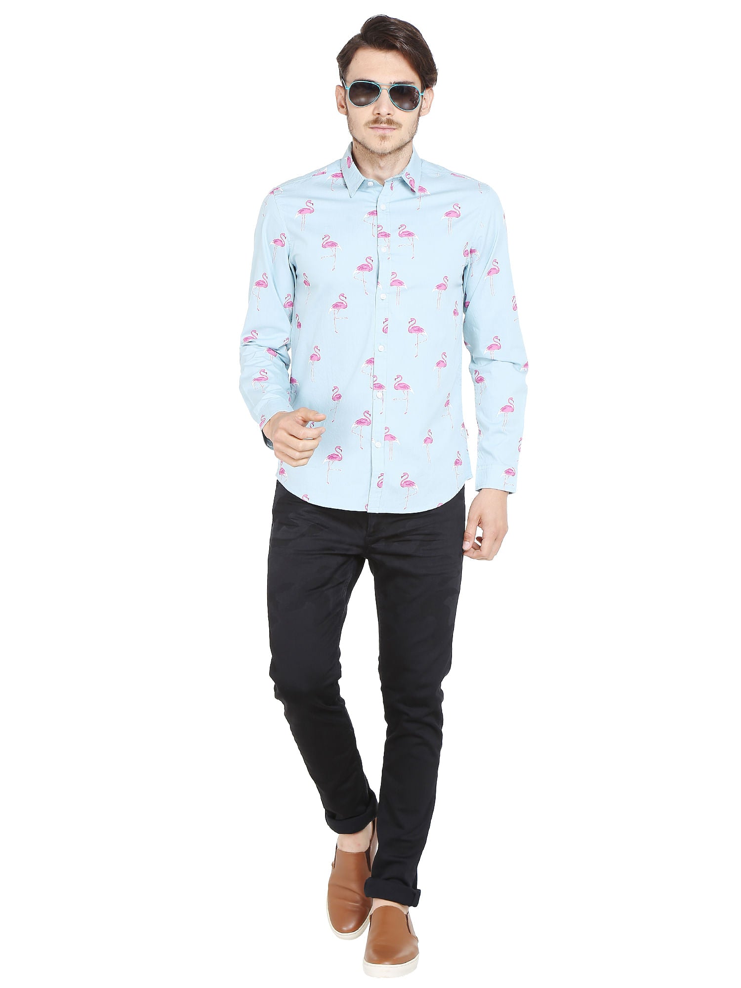 Light Blue Flamingo Print Slim Fit Shirt