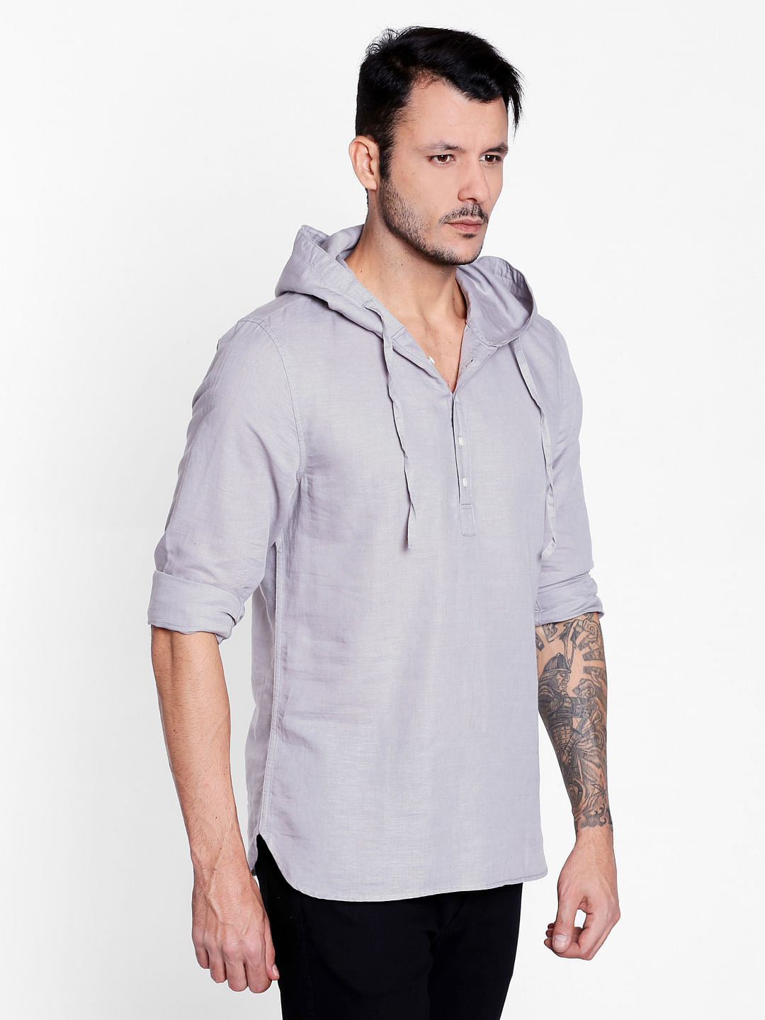 Grey Linen Hoodie Shirt