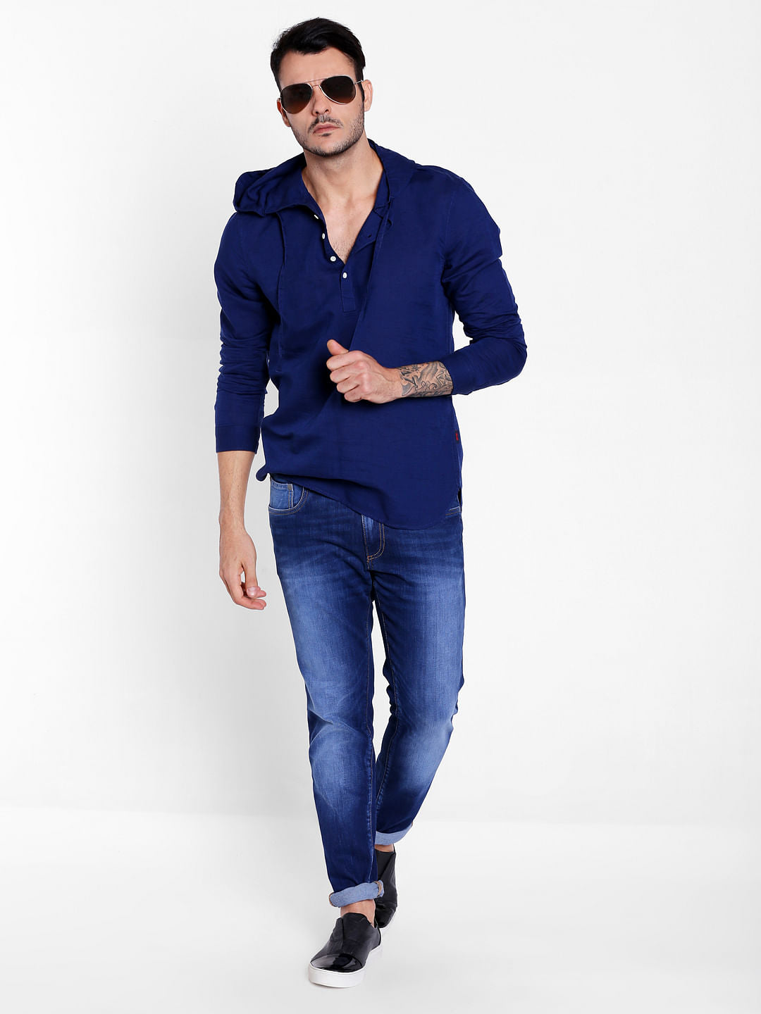 Dark Blue Linen Hoodie Shirt
