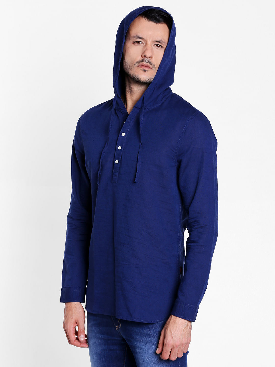Dark Blue Linen Hoodie Shirt
