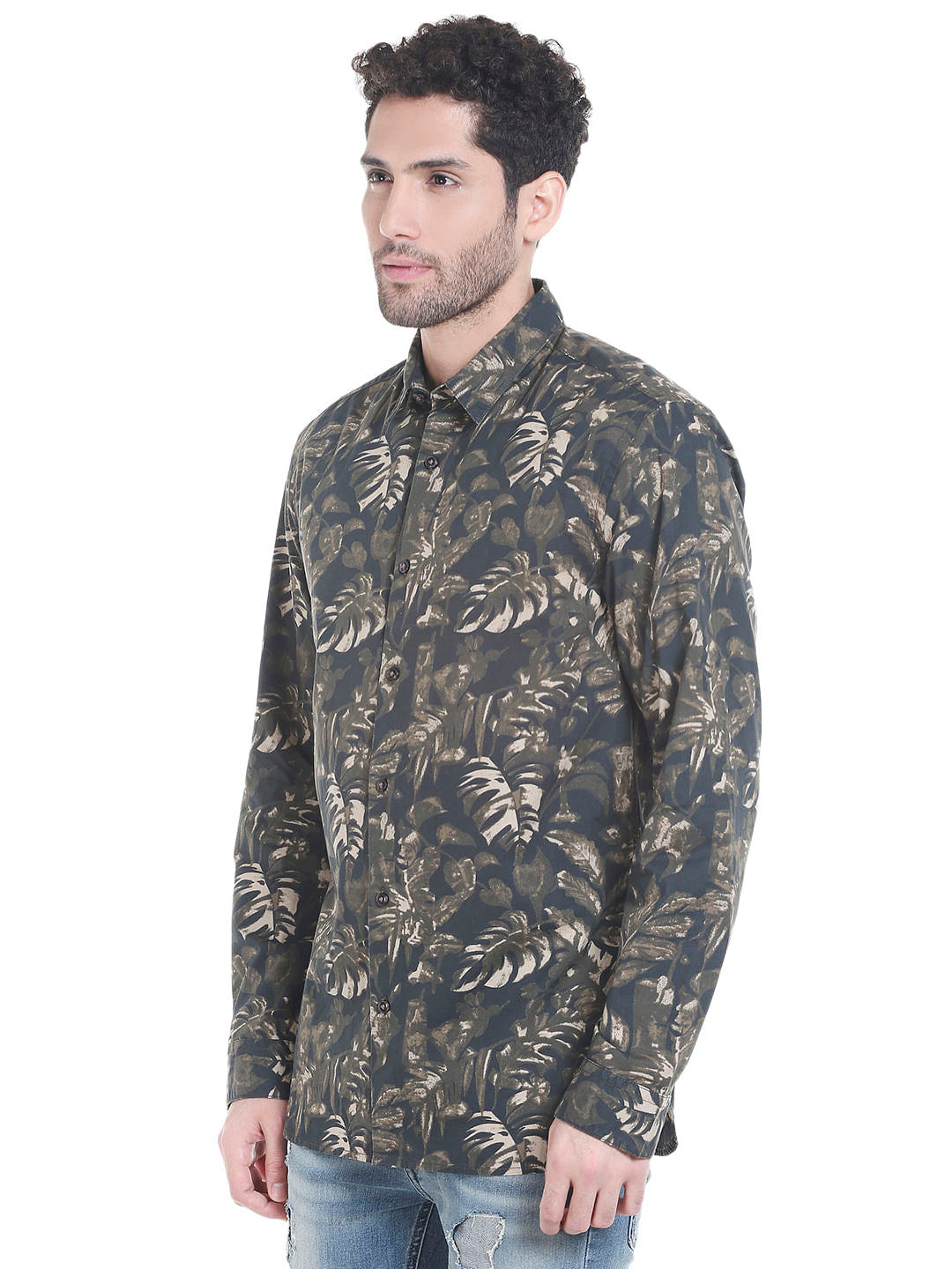 Black Tropical Print Long Sleeves Shirt