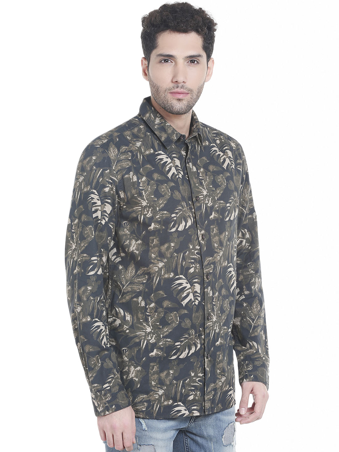Black Tropical Print Long Sleeves Shirt