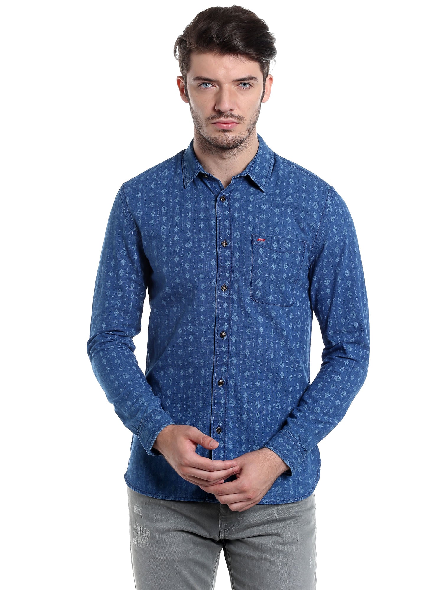 Blue Printed Slim Fit Shirt