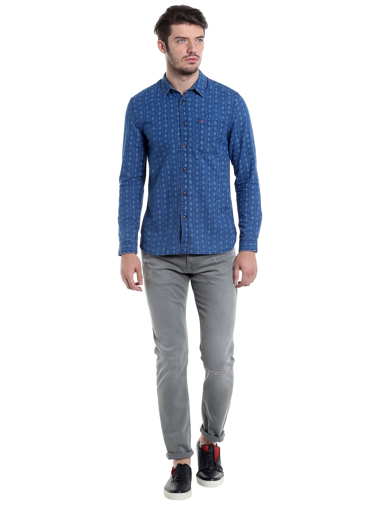 Blue Printed Slim Fit Shirt