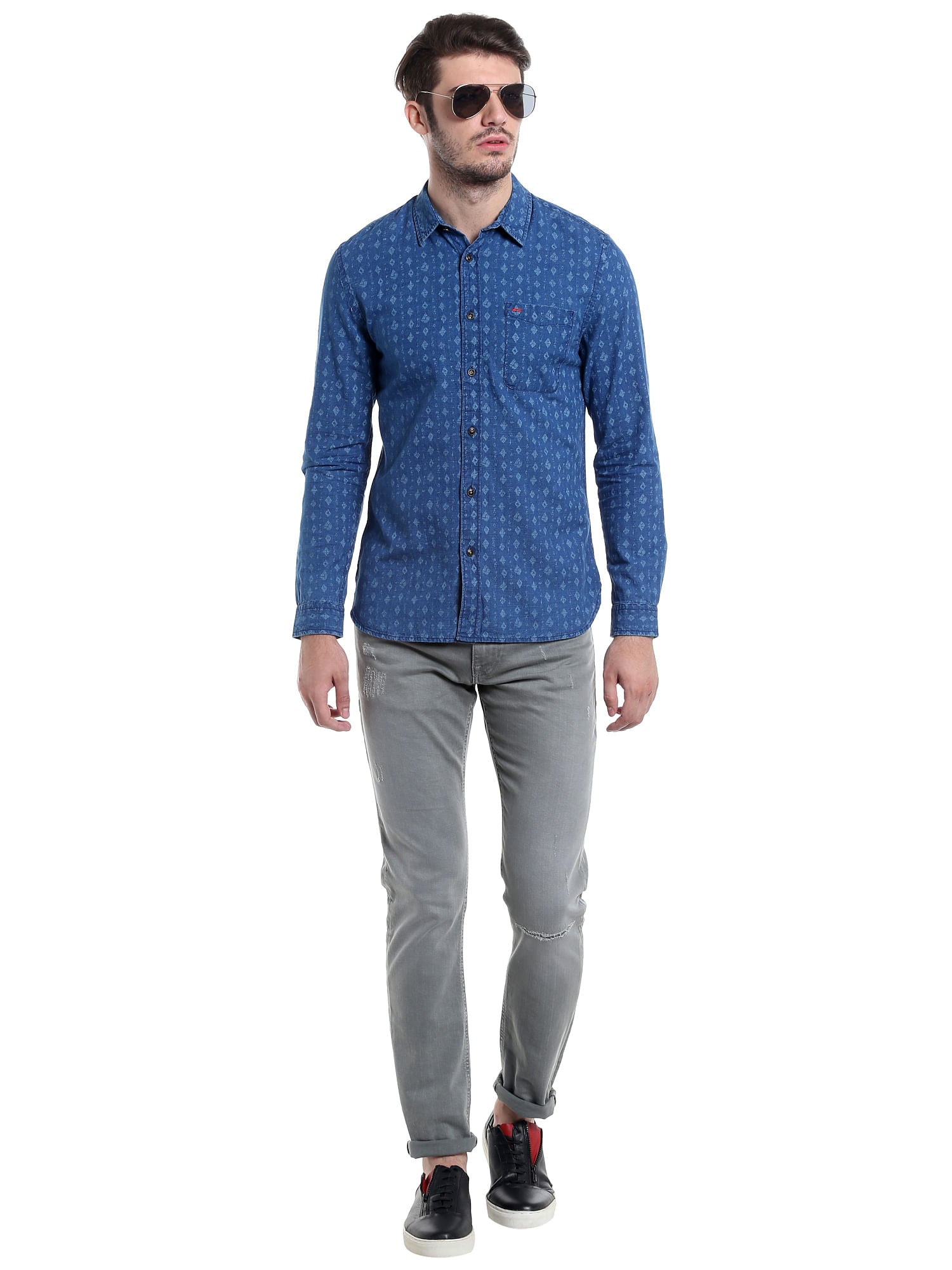 Blue Printed Slim Fit Shirt
