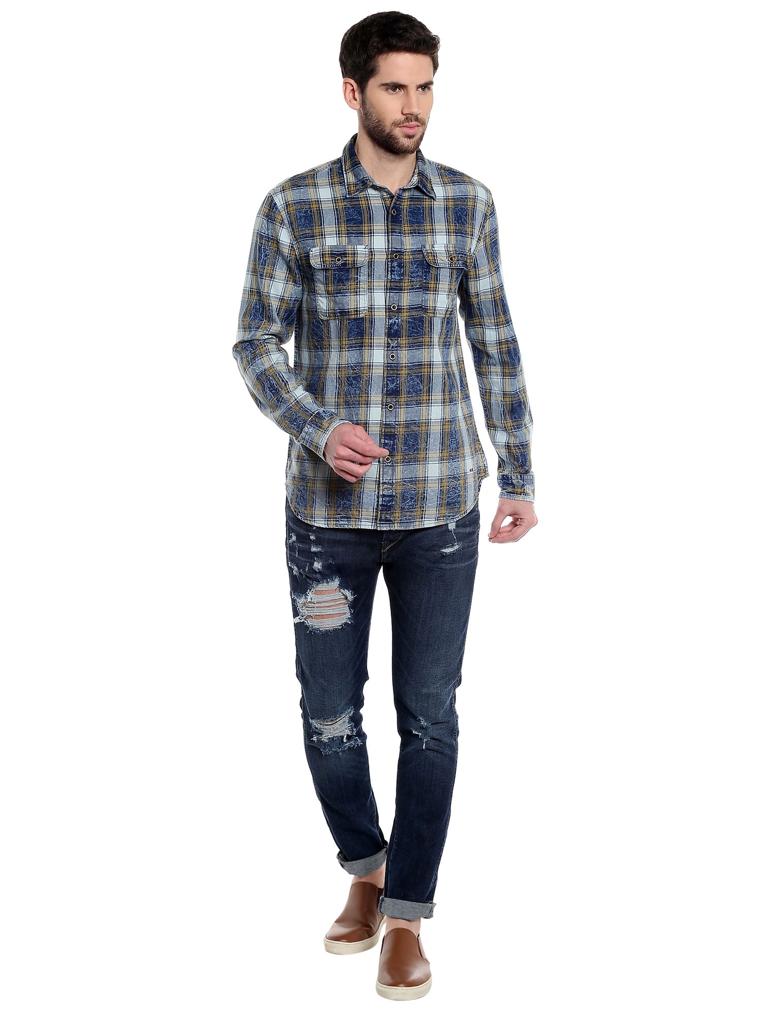 Beige Check Slim Fit Shirt