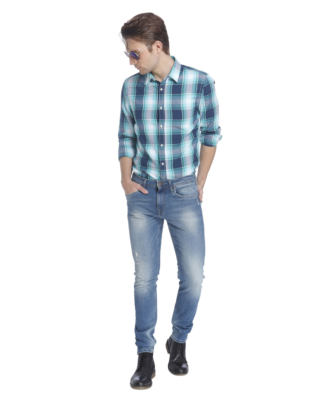 Turquoise Check Slim Fit Shirt
