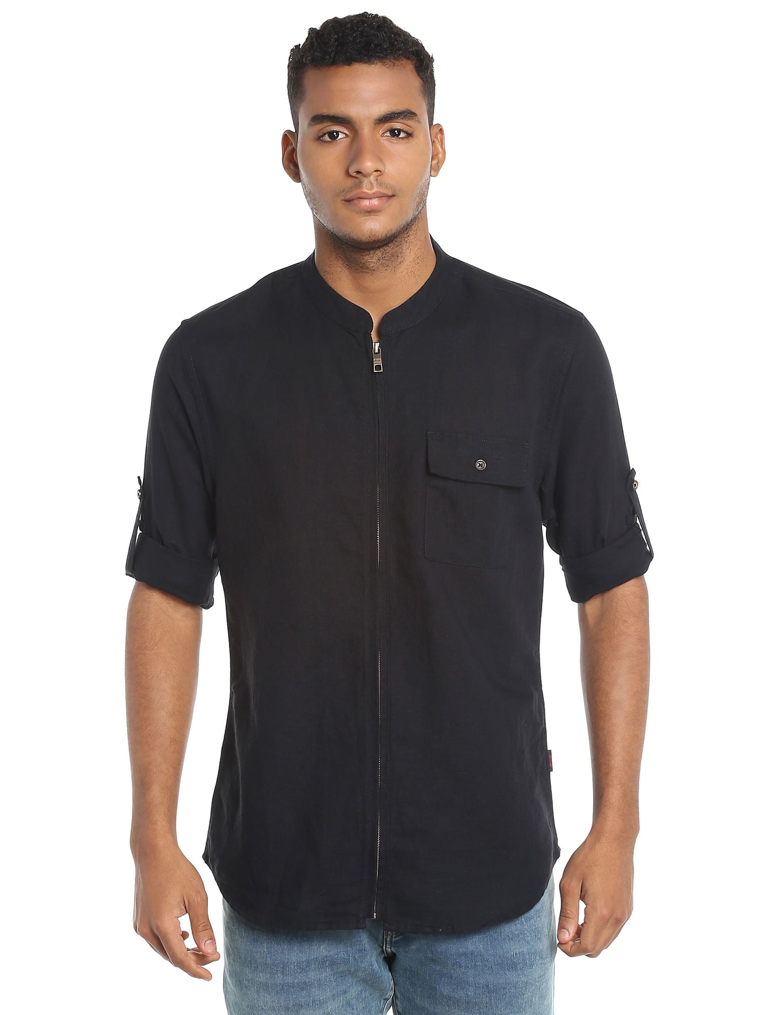 Black Linen Zip Up Slim Fit Shirt