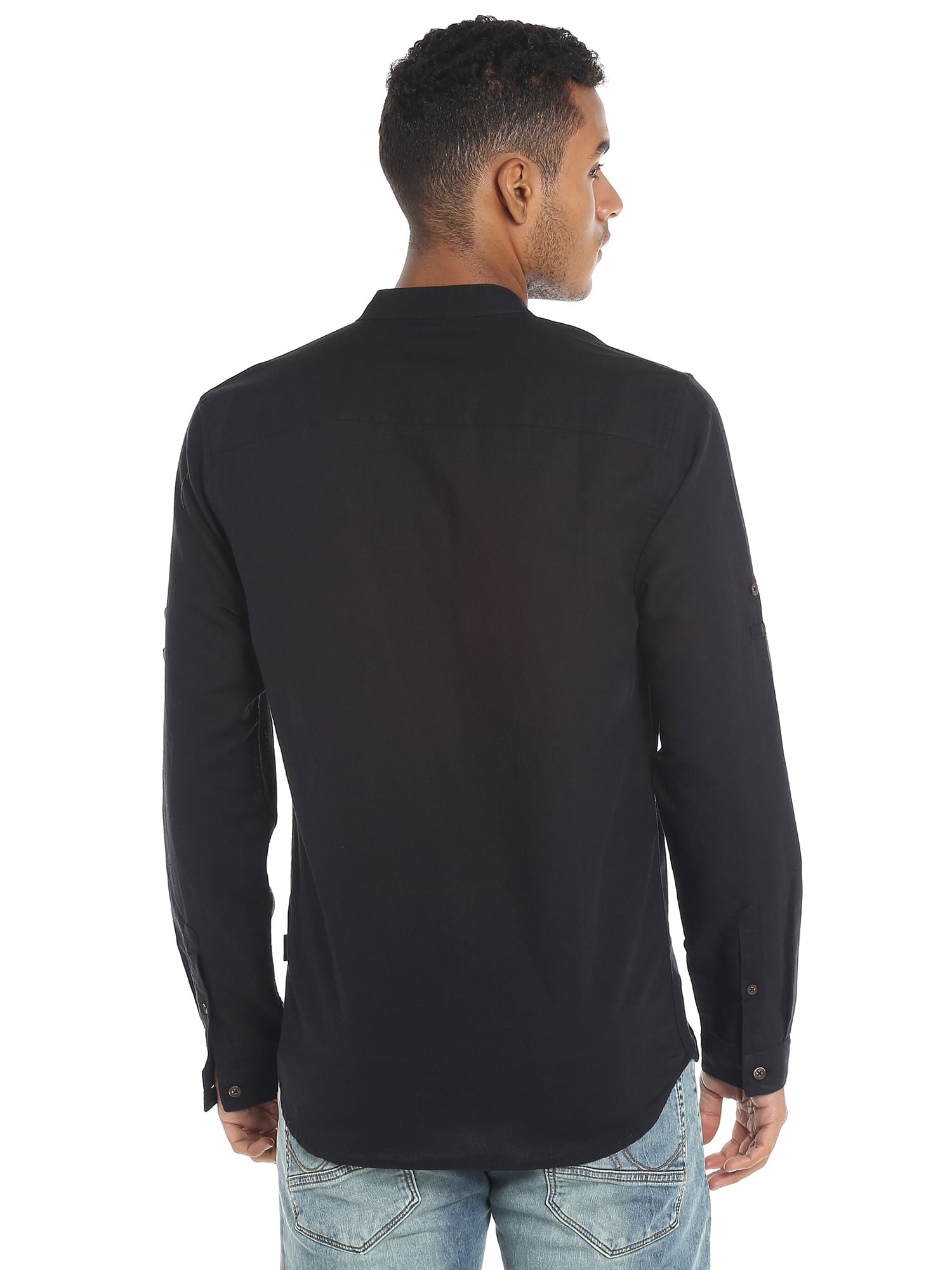 Black Linen Zip Up Slim Fit Shirt