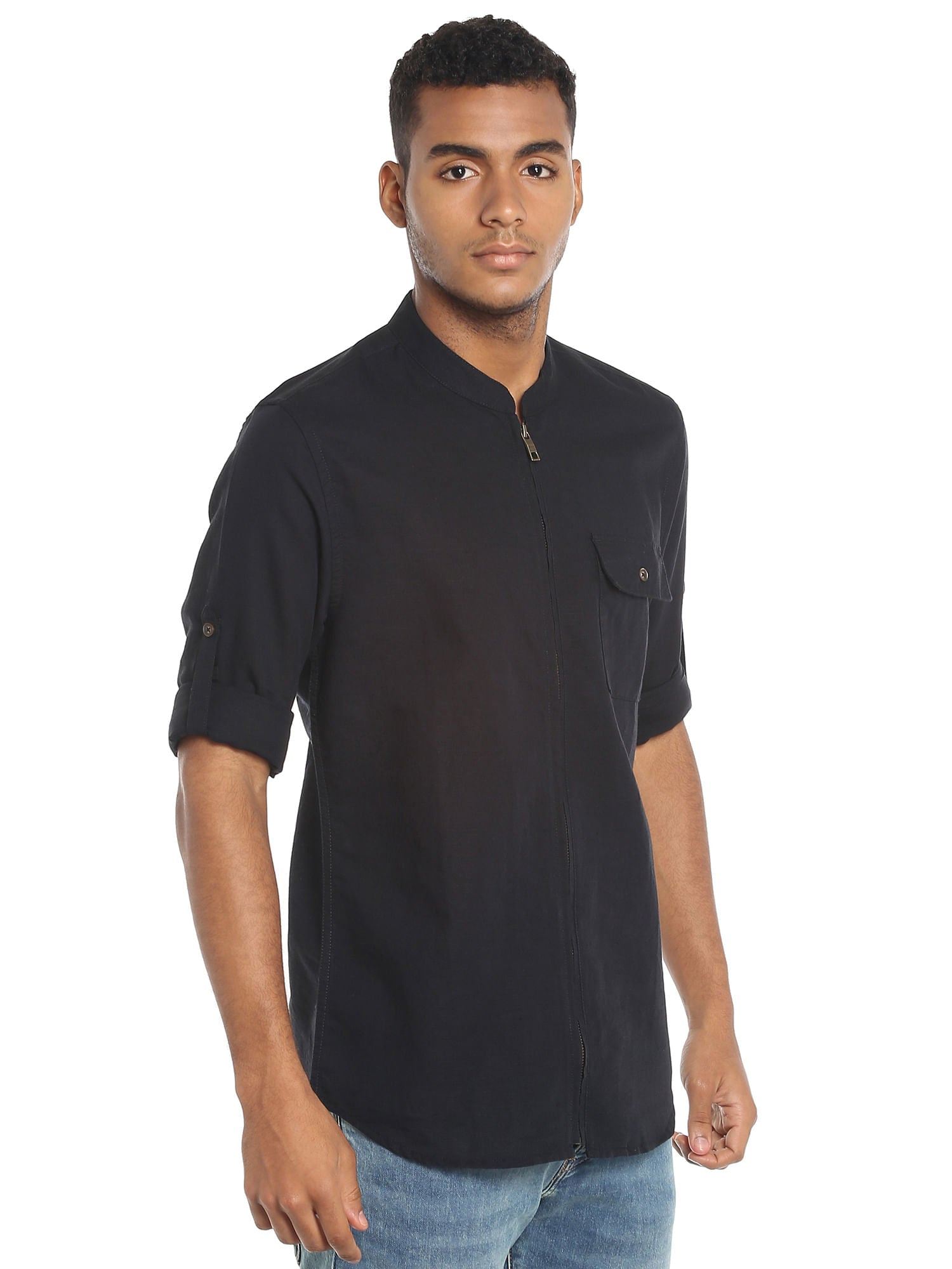 Black Linen Zip Up Slim Fit Shirt
