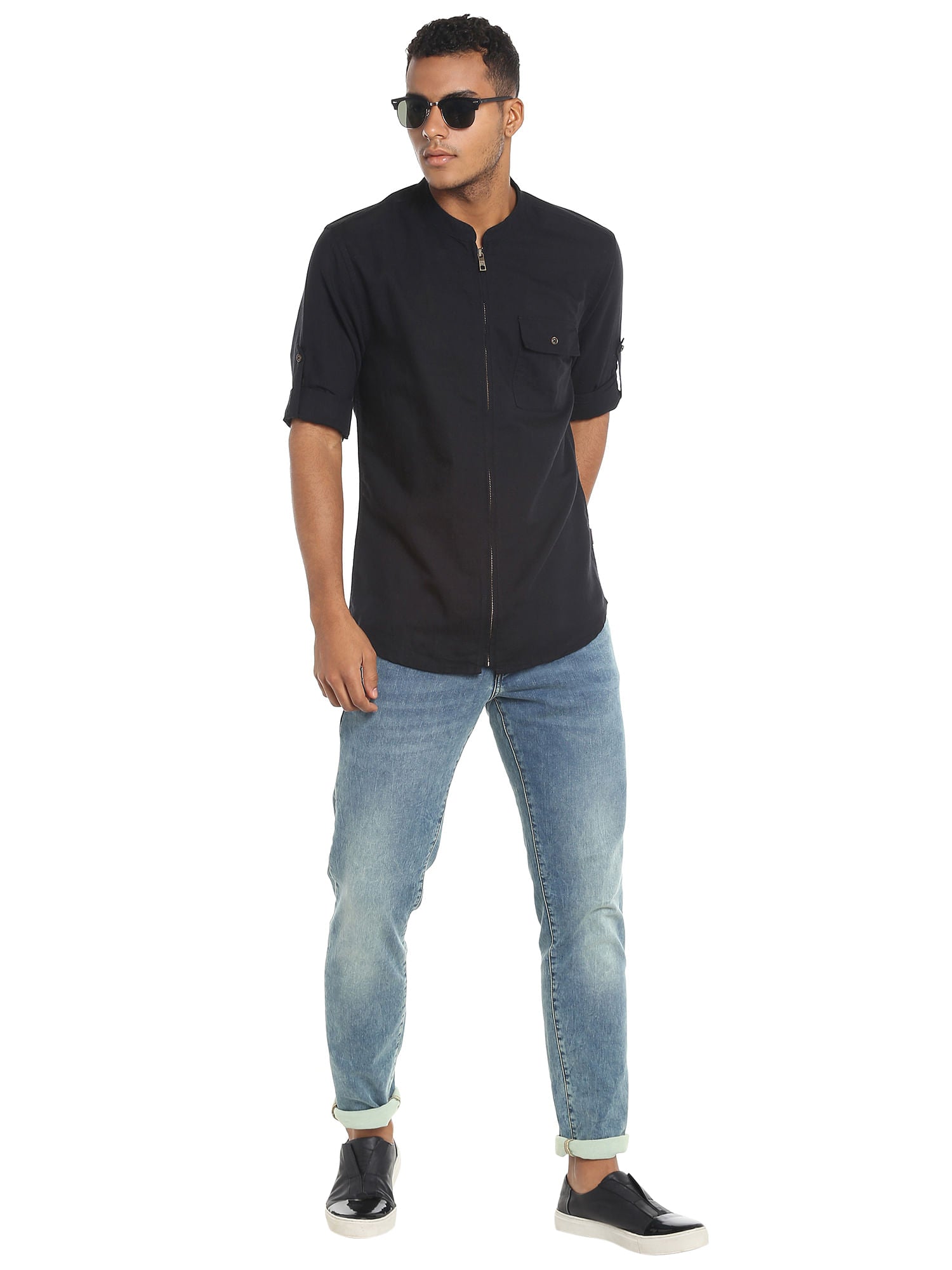 Black Linen Zip Up Slim Fit Shirt