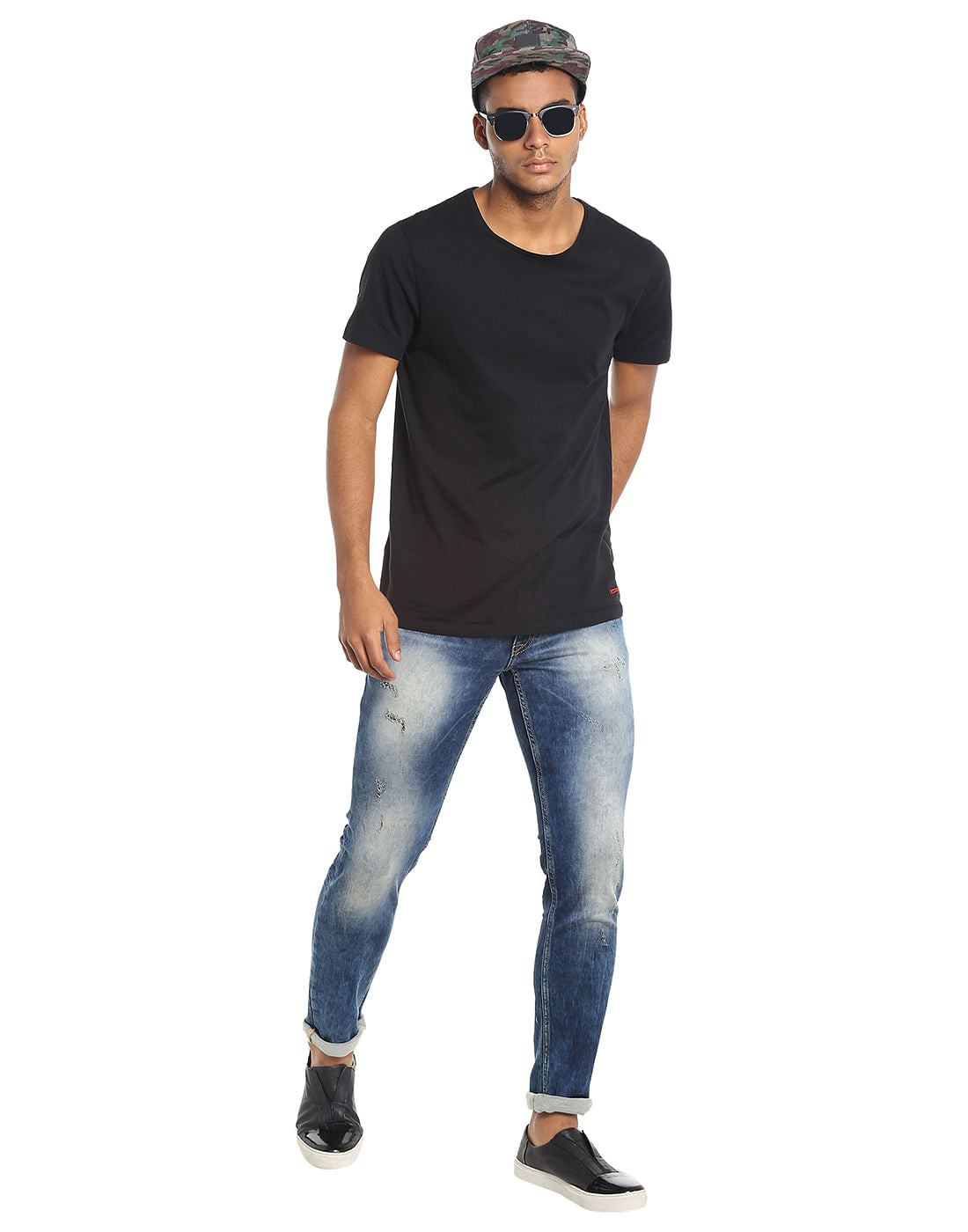 Blue Distressed Low Rise Slim Fit Jeans
