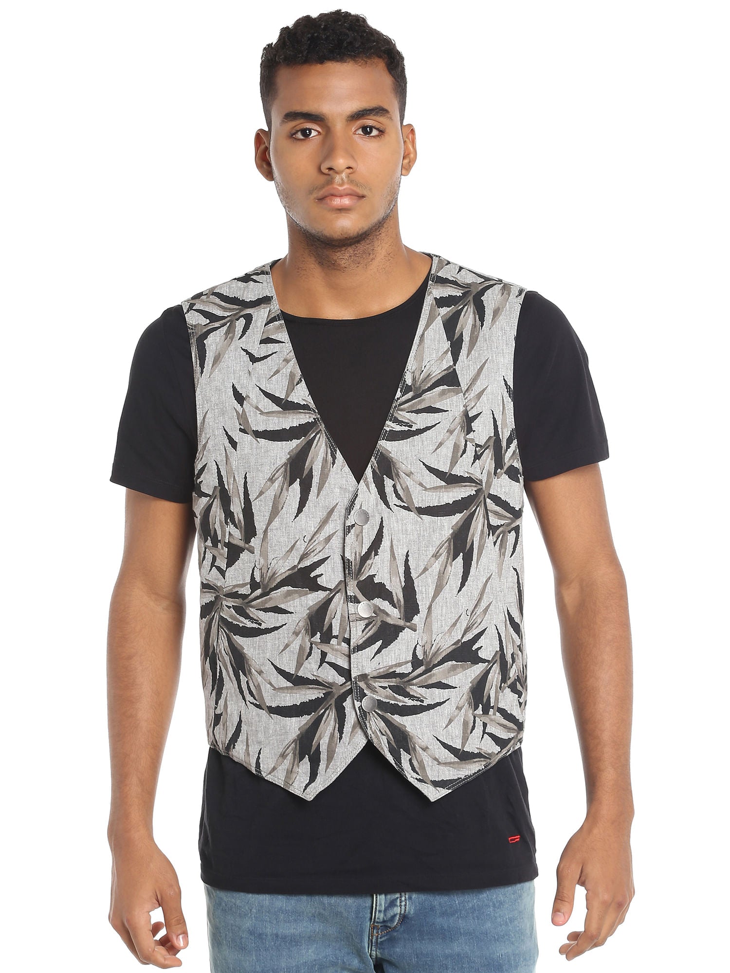 Black Leaf Print Waistcoat