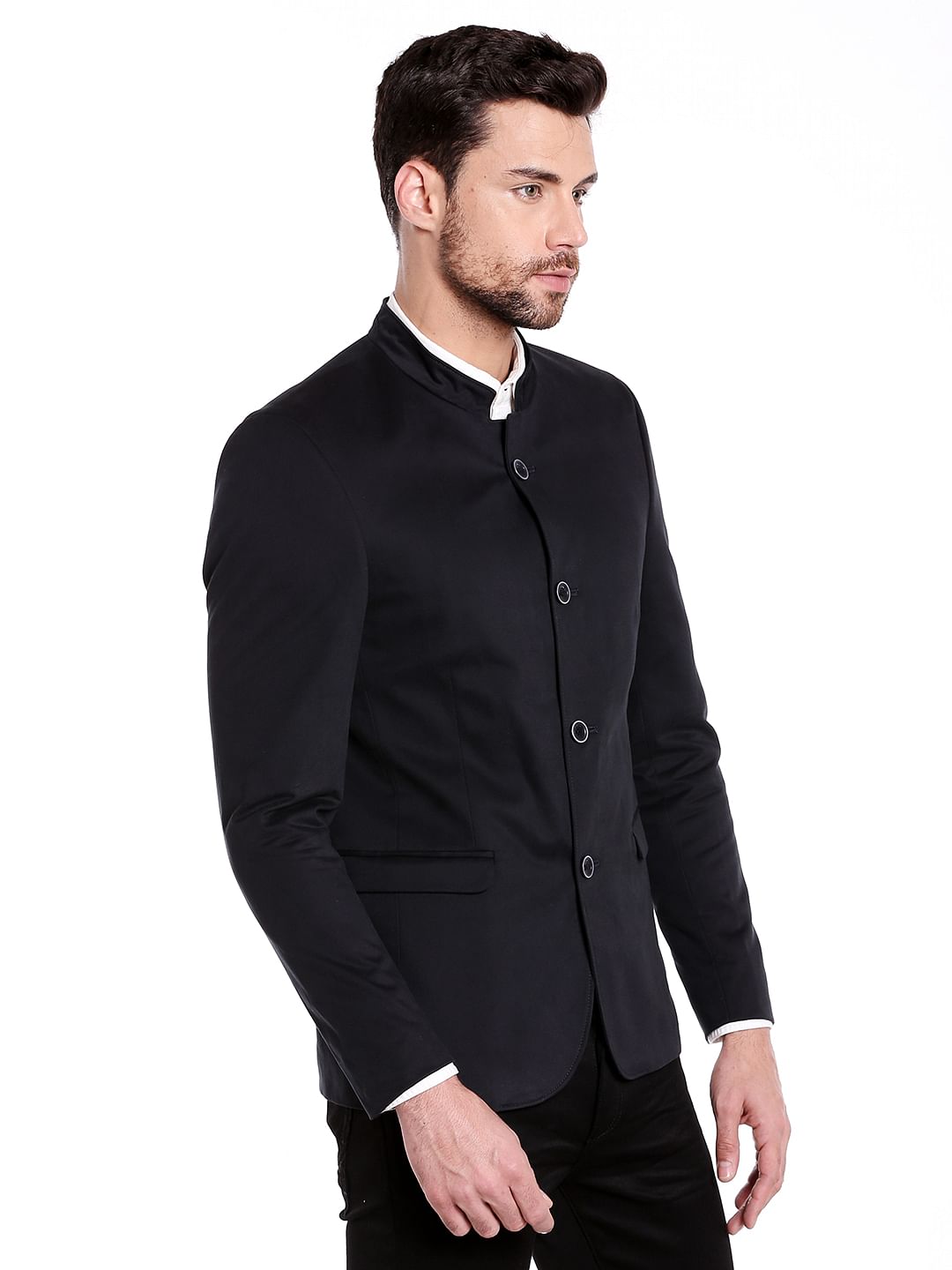 Dark Blue Mandarin Collar Blazer