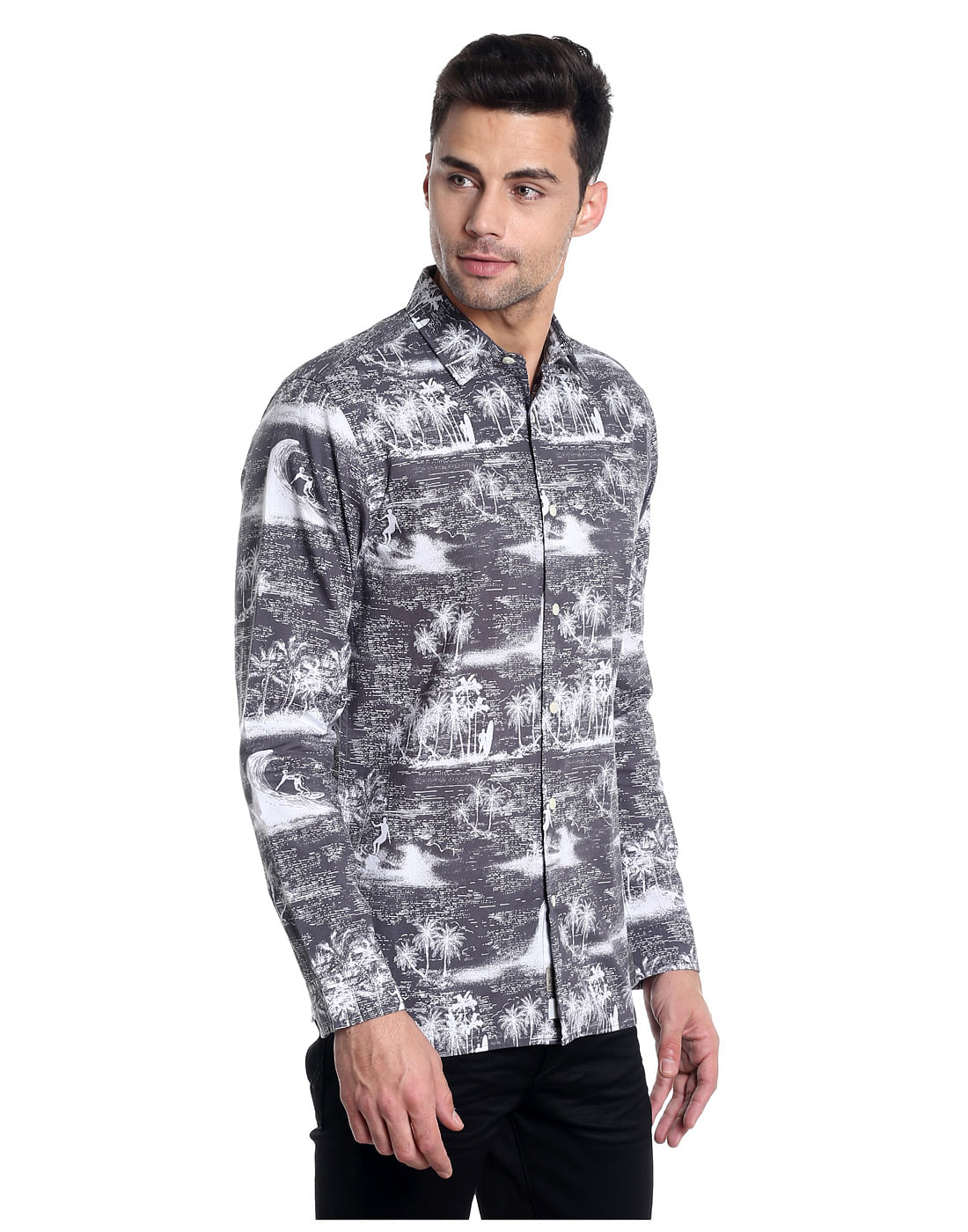 Grey Palm Tree Printed Slim Fit Shirt