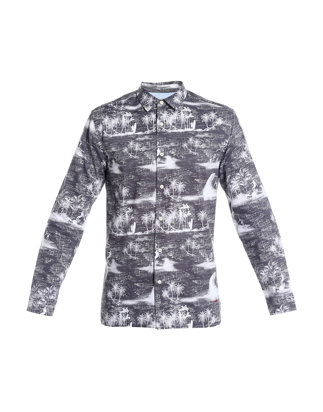 Grey Palm Tree Printed Slim Fit Shirt