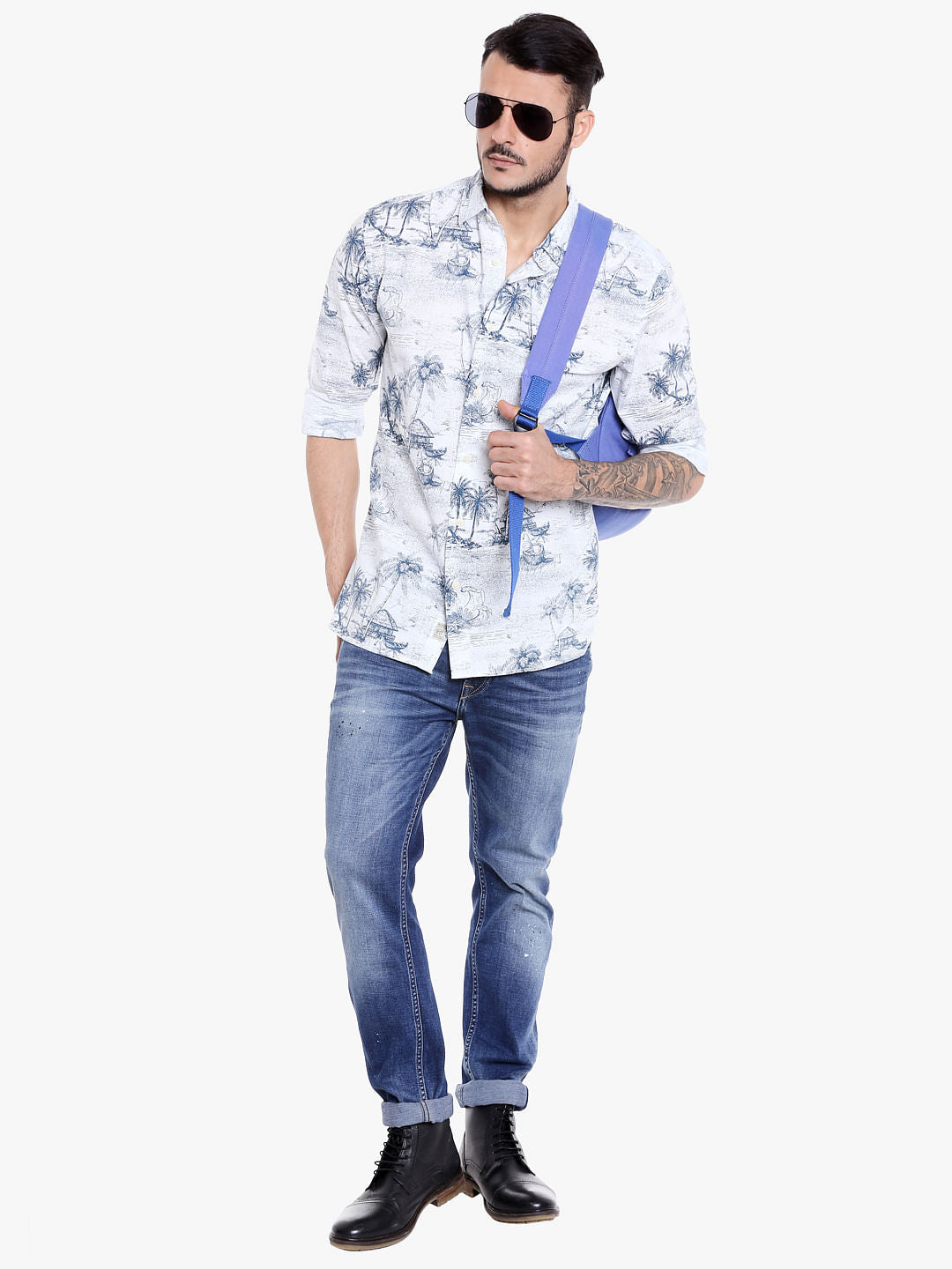 White Palm Tree Printed Slim Fit Shirt
