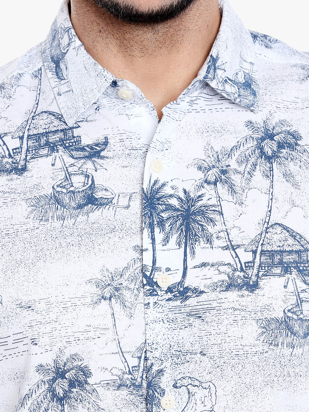 White Palm Tree Printed Slim Fit Shirt