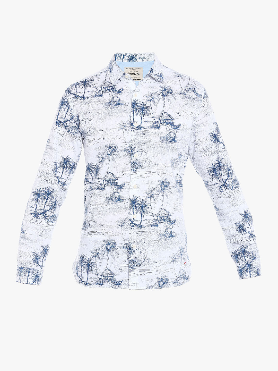 White Palm Tree Printed Slim Fit Shirt