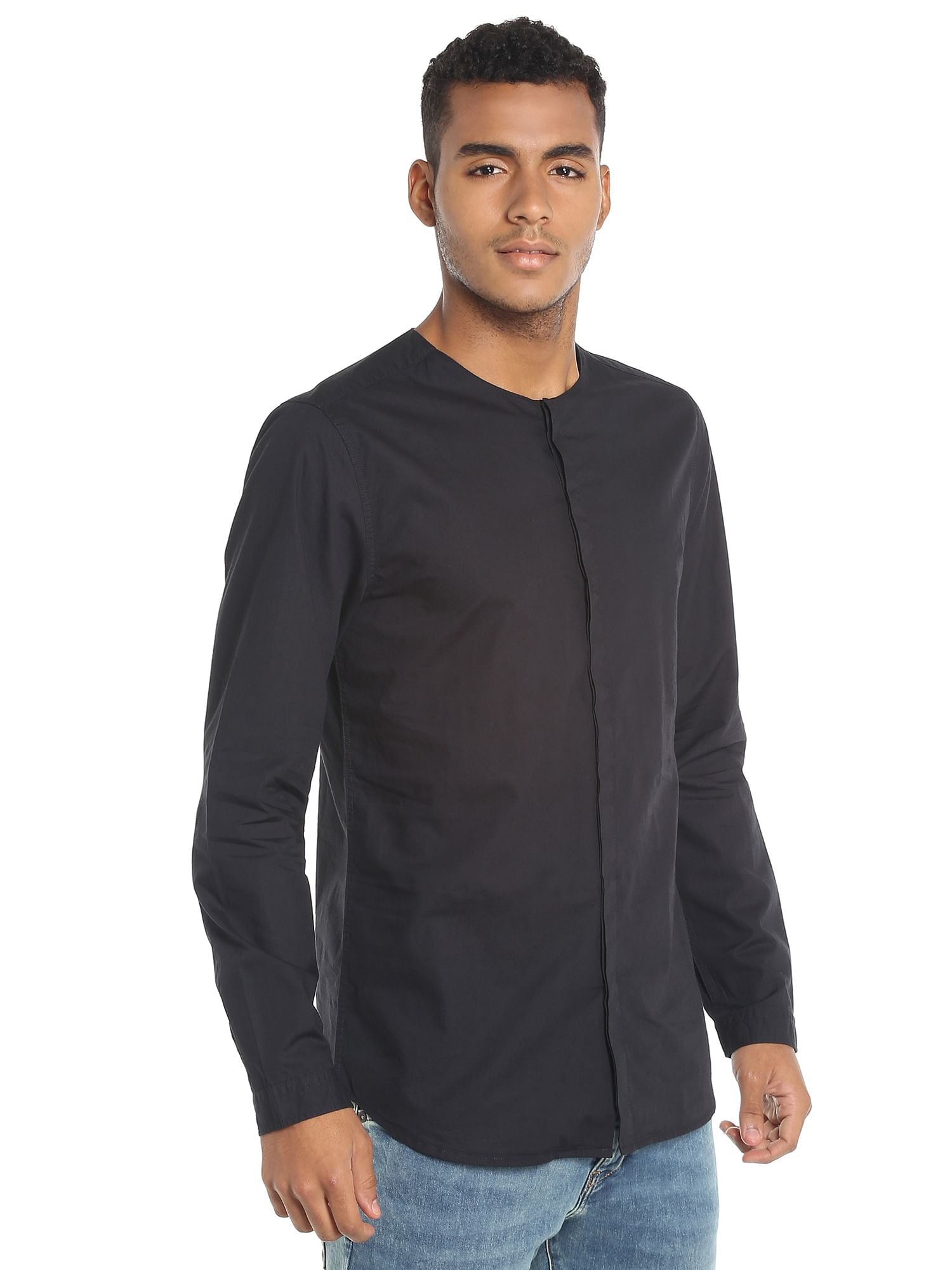 Black Collarless Slim Fit Shirt