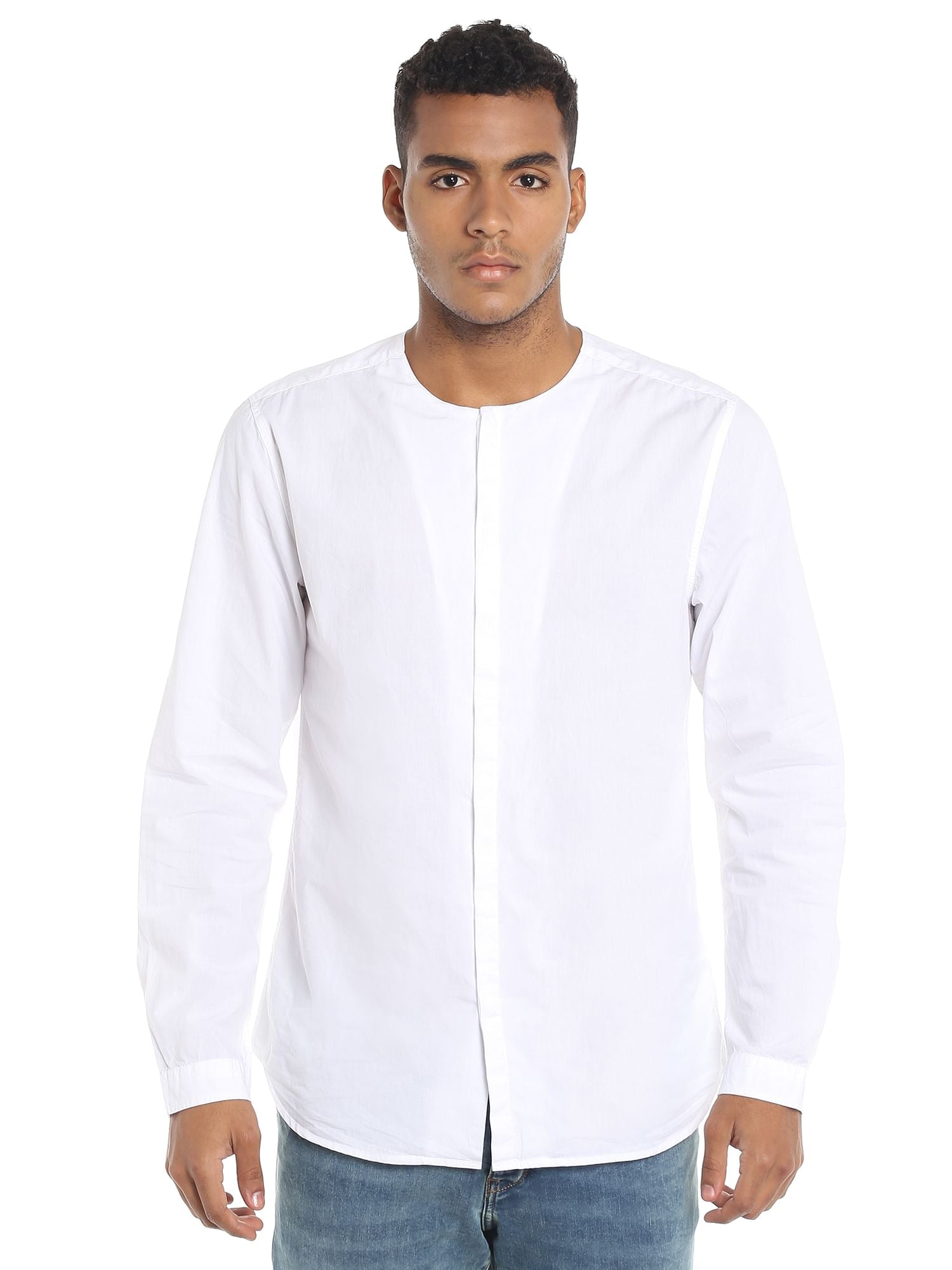 White Collarless Slim Fit Shirt