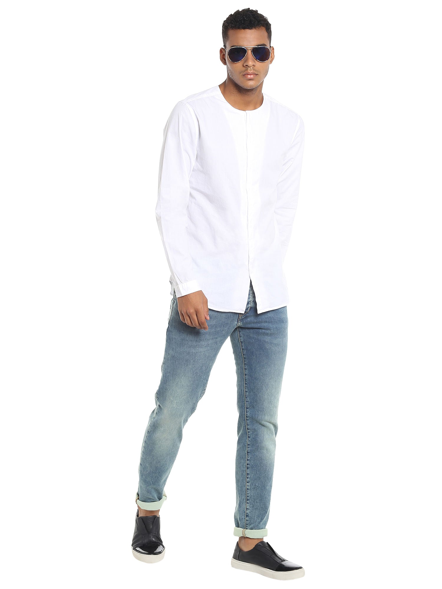 White Collarless Slim Fit Shirt