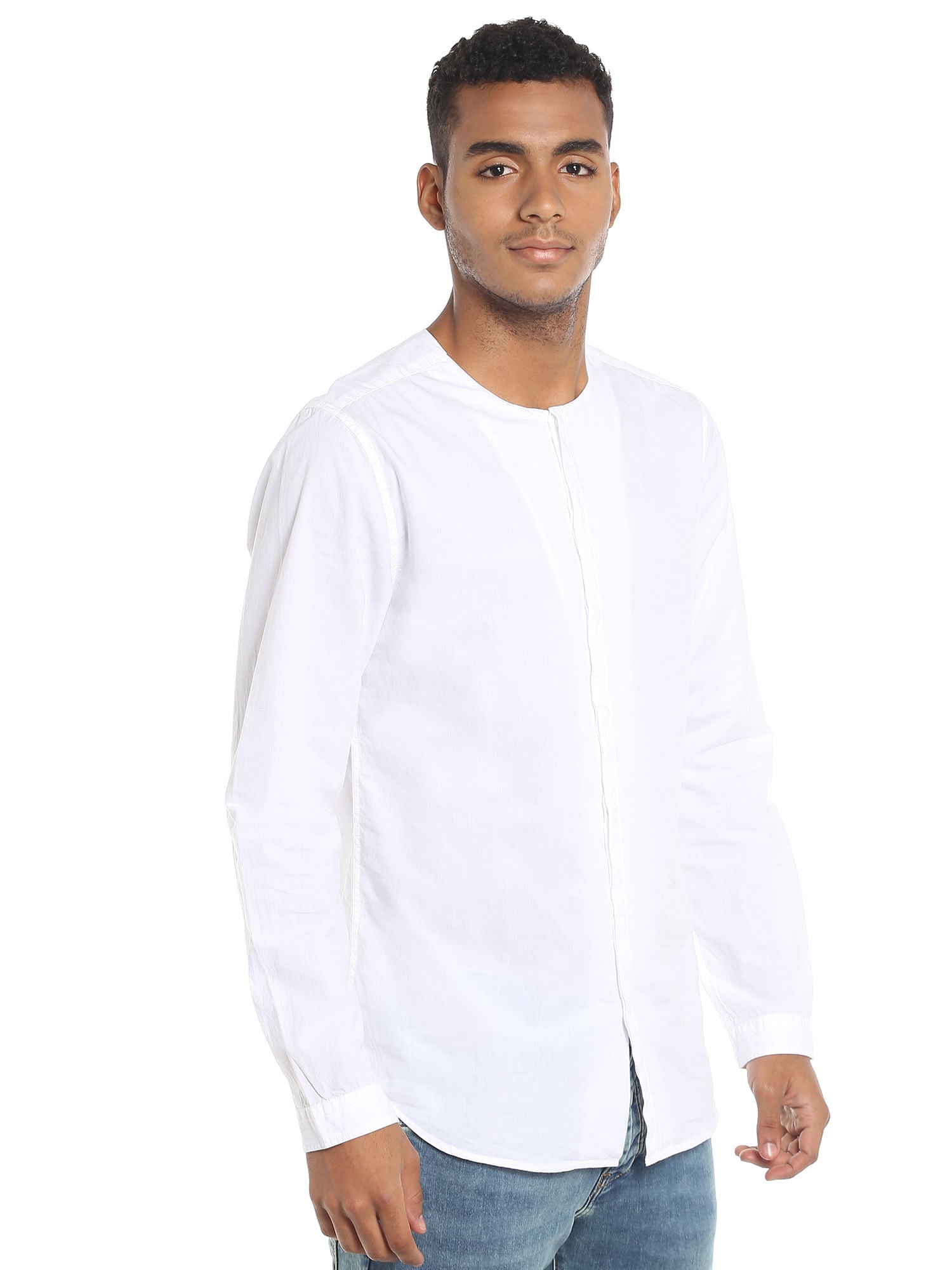 White Collarless Slim Fit Shirt