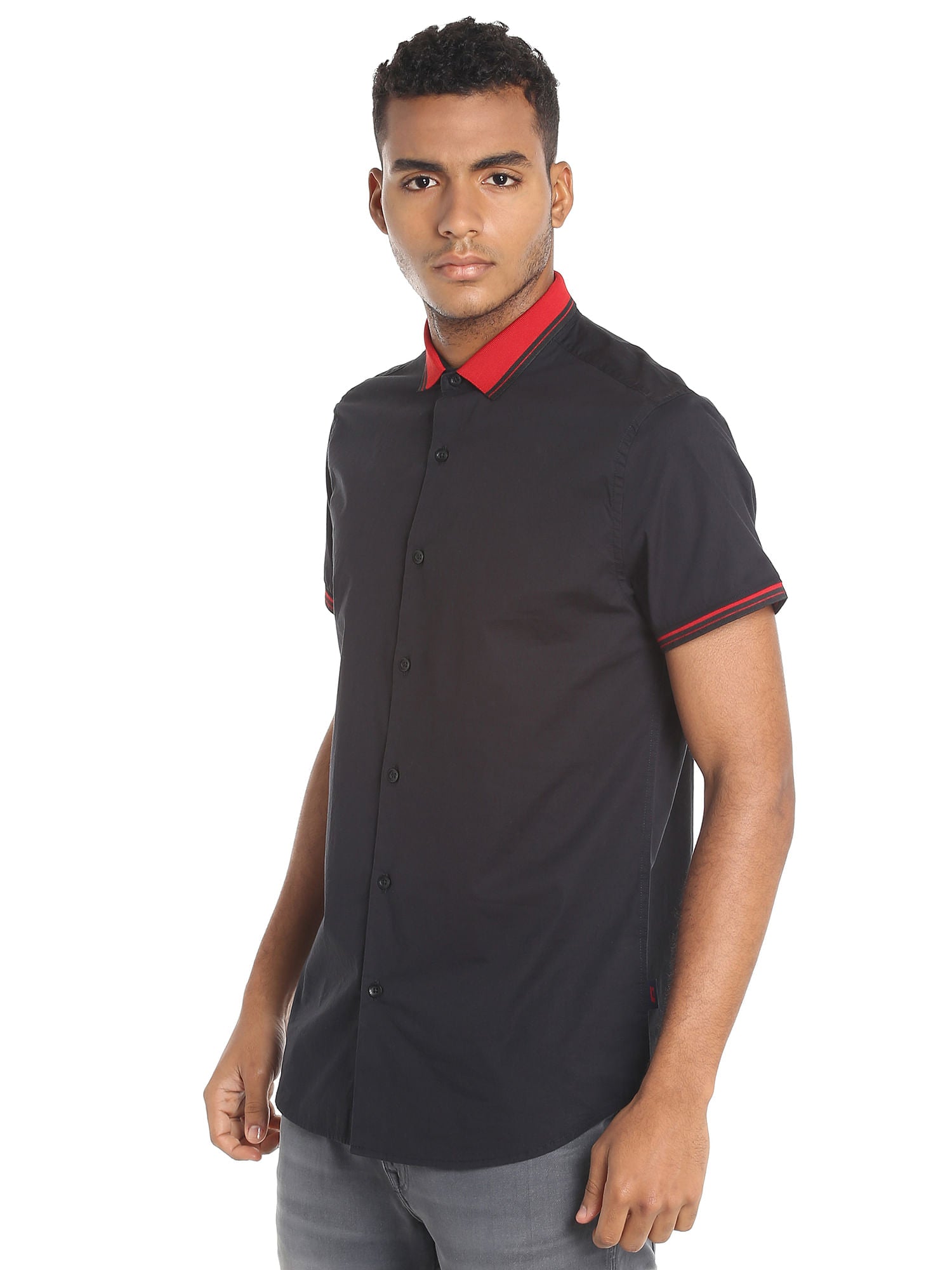 Red Collared Black Slim Fit Shirt