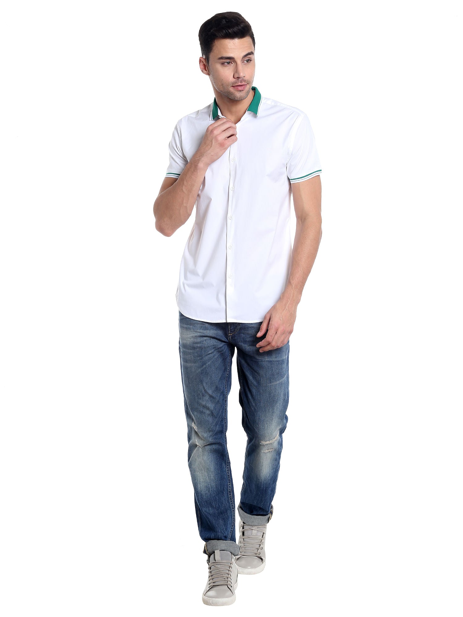 Green Collared White Slim Fit Shirt