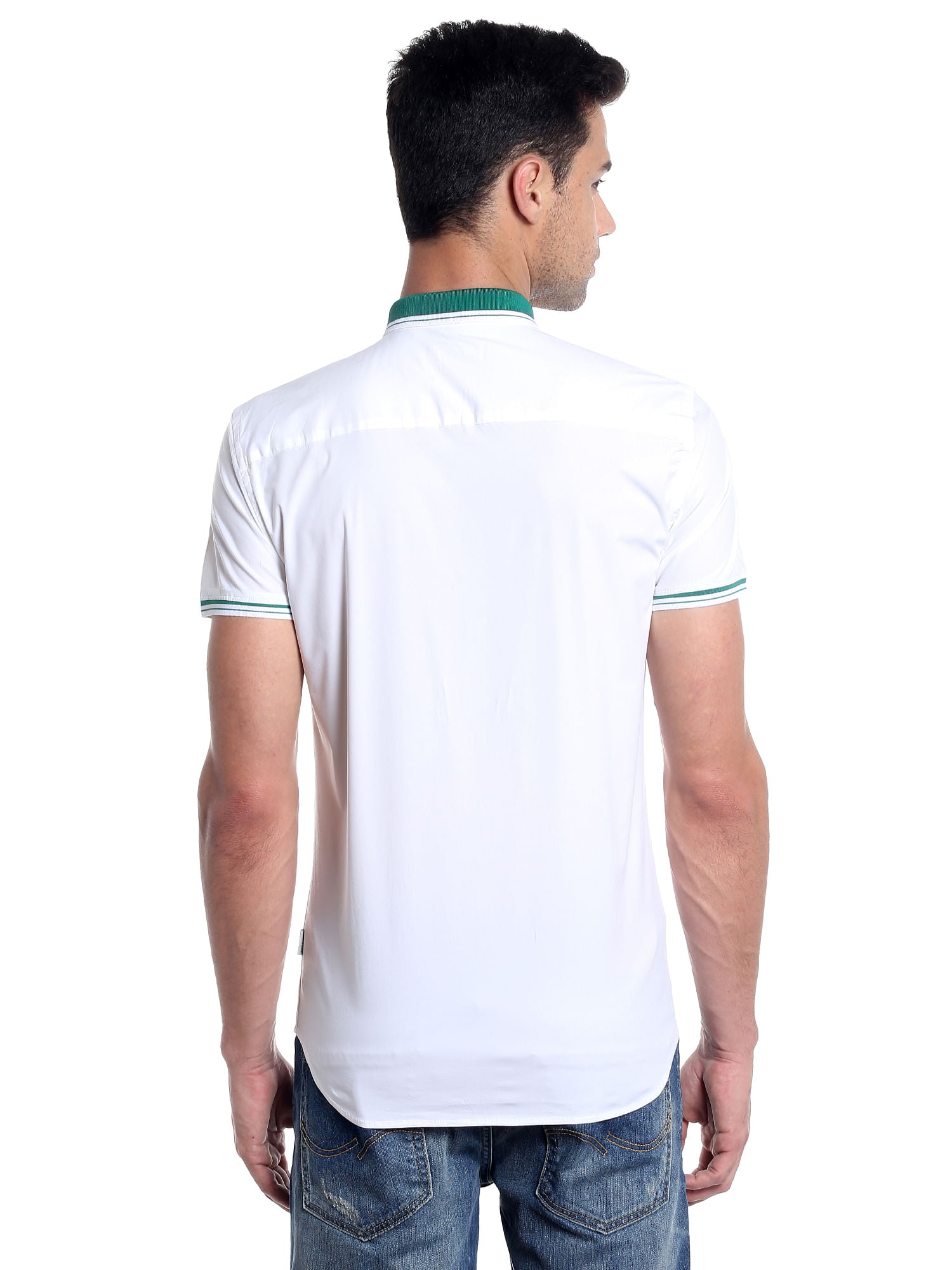 Green Collared White Slim Fit Shirt