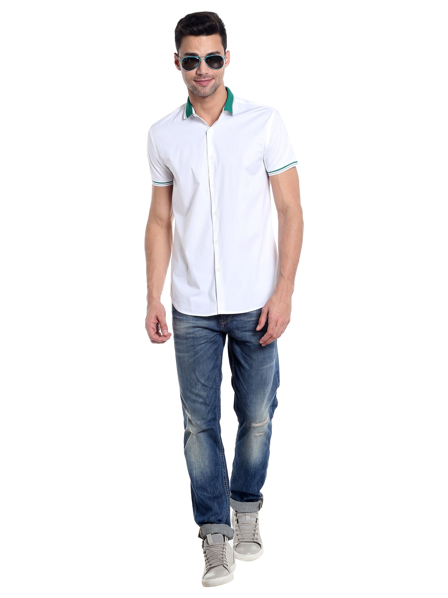 Green Collared White Slim Fit Shirt