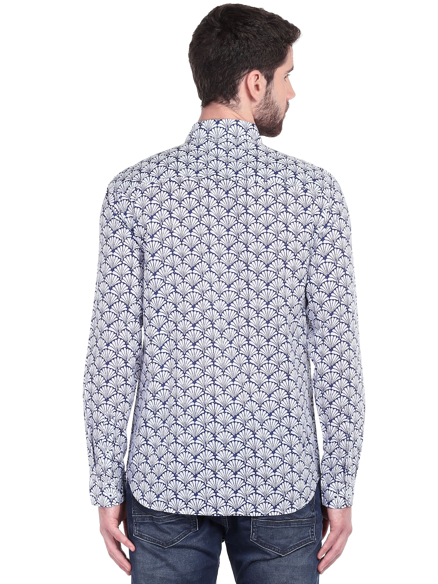 White & Blue Print Slim Fit Shirt