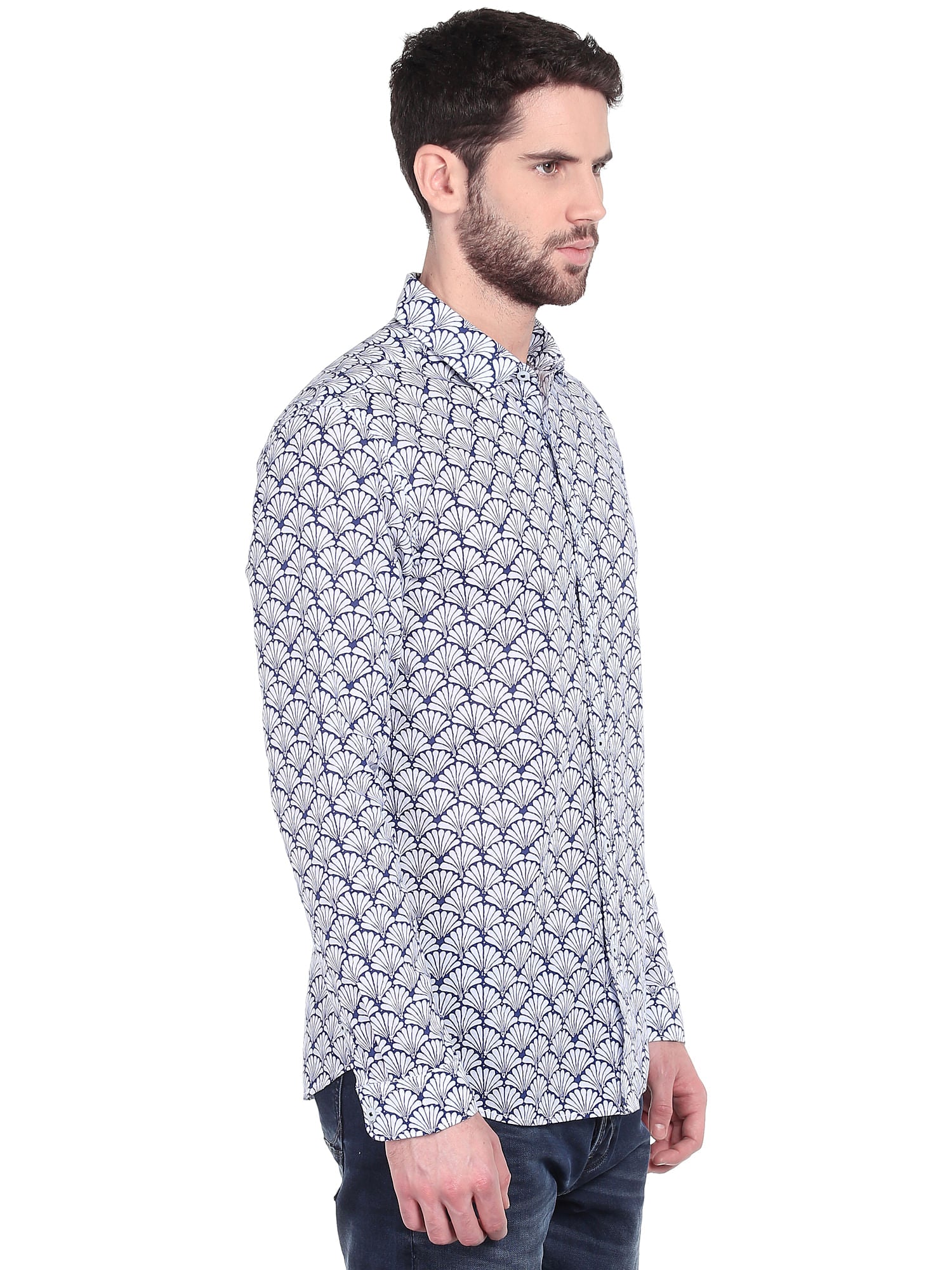 White & Blue Print Slim Fit Shirt
