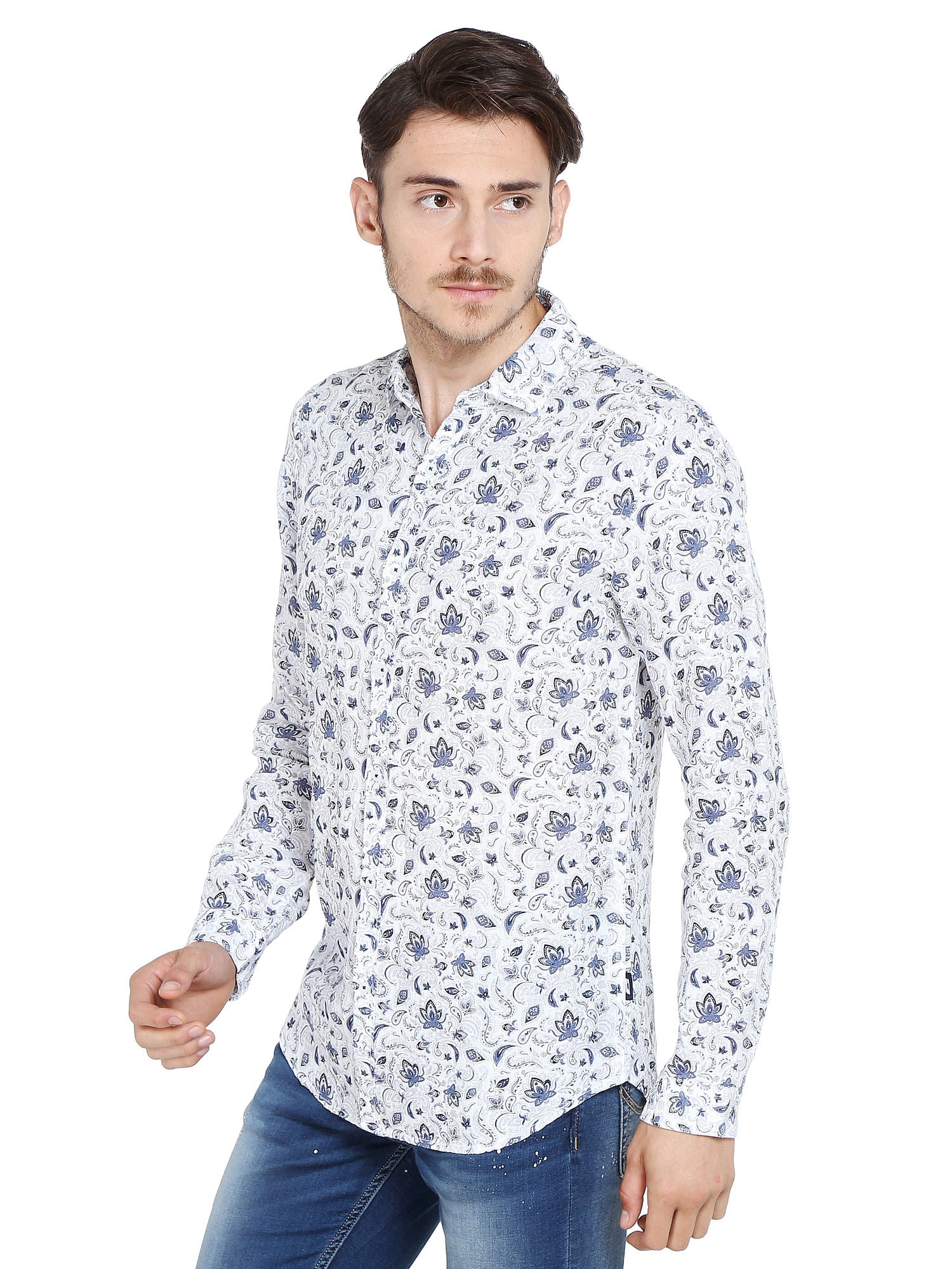 Floral Print White Linen Shirt