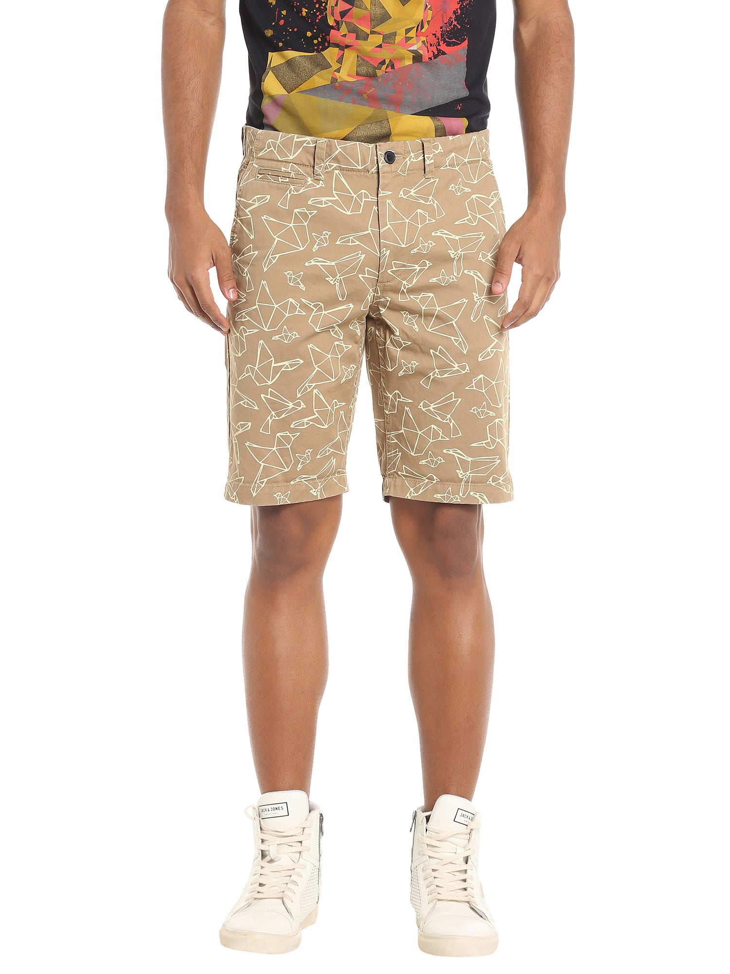 Beige Origami Print Shorts