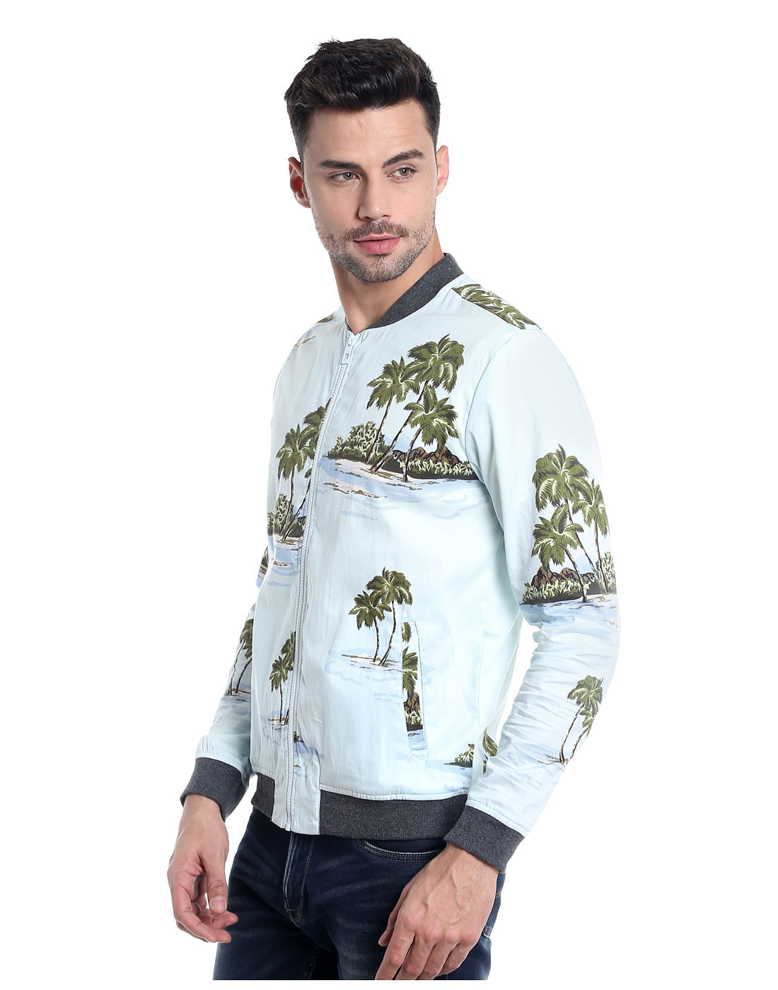 Light Blue Palm Tree Print Bomber Jacket