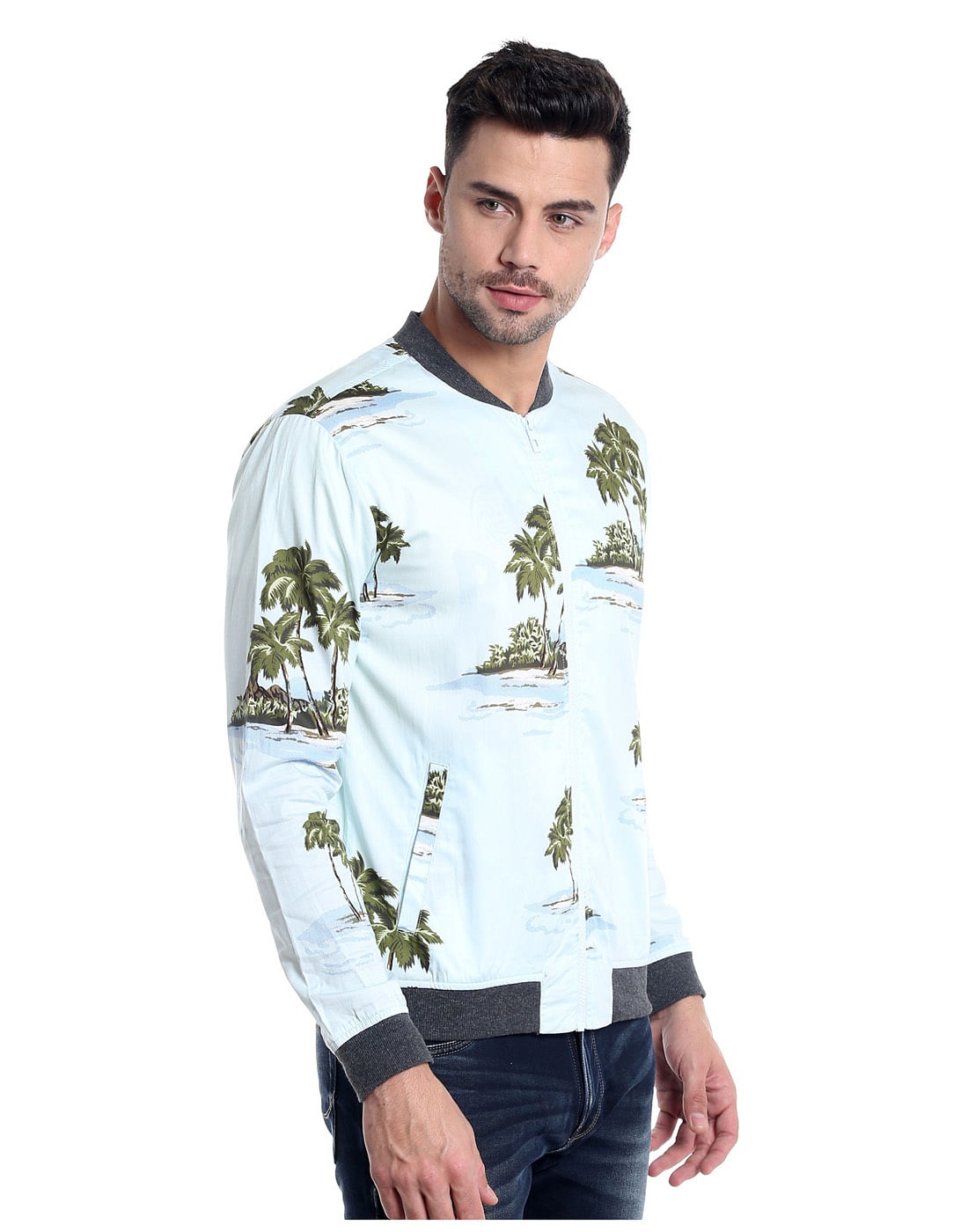 Light Blue Palm Tree Print Bomber Jacket